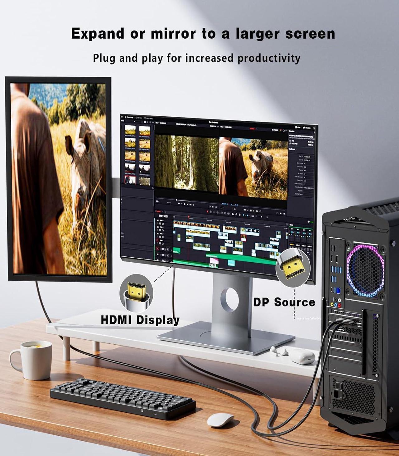 Alt view image 4 of 7 - Active DisplayPort to HDMI Cable 6Ft (4K@60Hz 1440P/2K@120Hz) Uni-Directional Display Port 1.2 to HDMI 2.0 Braided Cord DP to HDMI Compatible with AMD NVIDIA Desktops and Gaming Monitors
