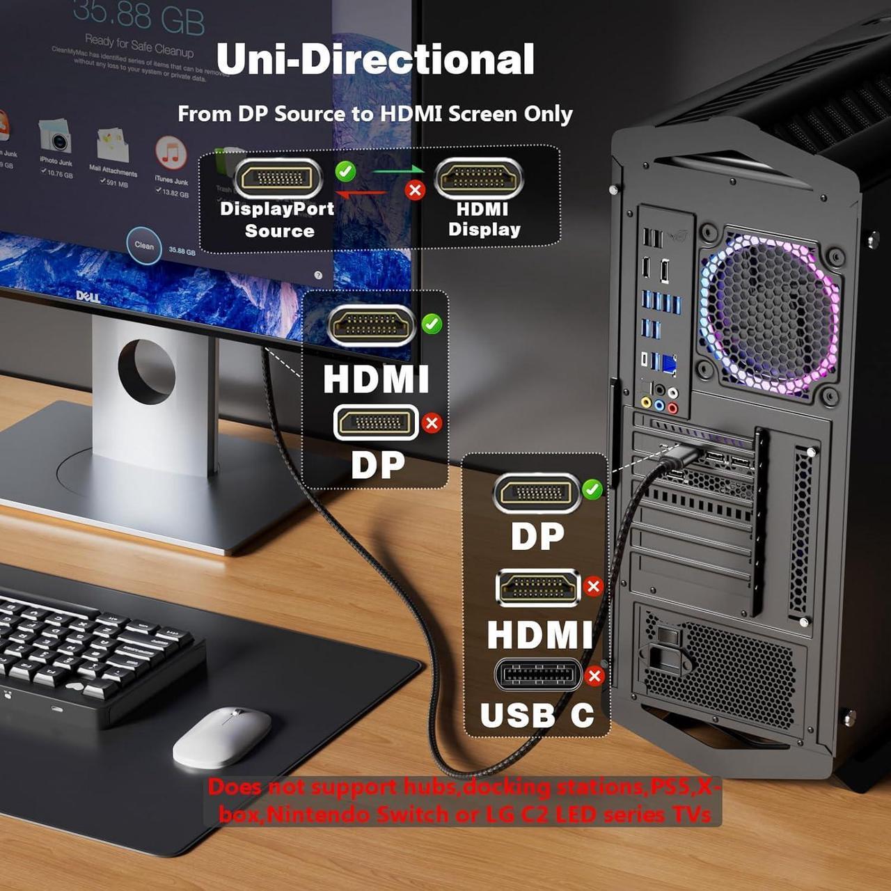Alt view image 6 of 7 - Active DisplayPort to HDMI Cable 6Ft (4K@60Hz 1440P/2K@120Hz) Uni-Directional Display Port 1.2 to HDMI 2.0 Braided Cord DP to HDMI Compatible with AMD NVIDIA Desktops and Gaming Monitors