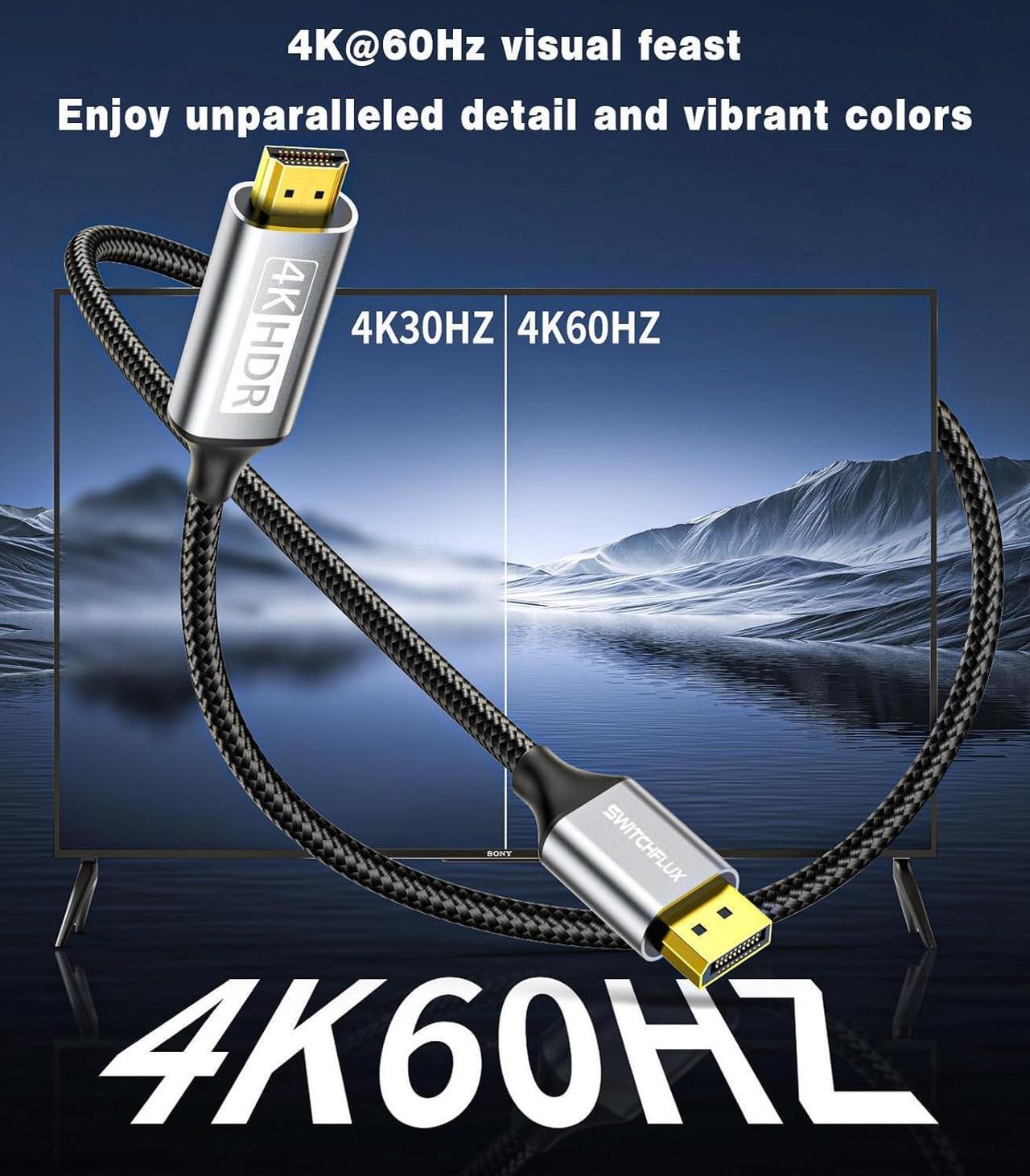 Alt view image 2 of 7 - Active DisplayPort to HDMI Cable 6Ft (4K@60Hz 1440P/2K@120Hz) Uni-Directional Display Port 1.2 to HDMI 2.0 Braided Cord DP to HDMI Compatible with AMD NVIDIA Desktops and Gaming Monitors