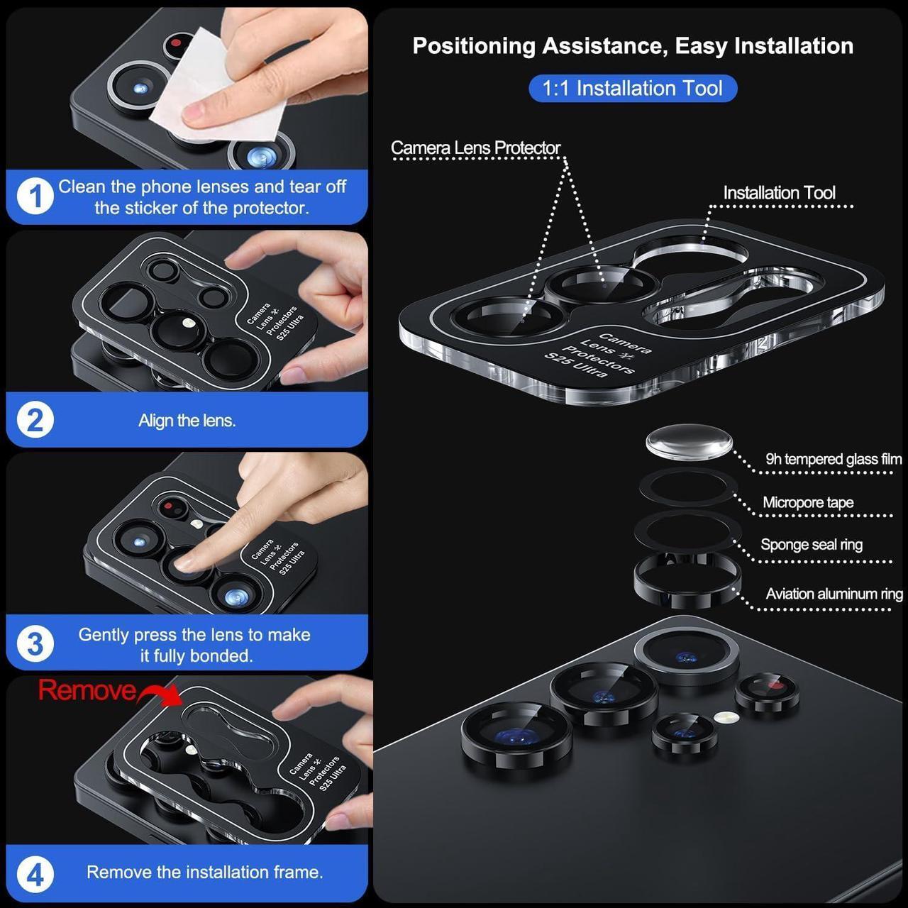 Alt view image 6 of 6 - for  Galaxy S25 Ultra Camera Lens Protector - Ultra Thin Case Friendly 9H Shatterproof Tempered Glass with Aluminum Metal Circle Camera Screen Protector Cover Accessories Black