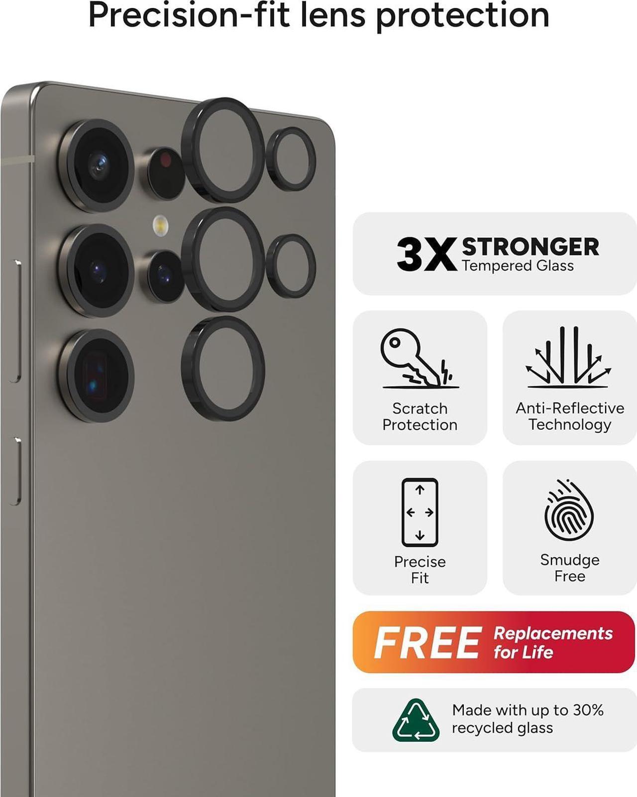 Alt view image 2 of 7 - Glass Elite Anti-Reflective  Galaxy S25 Ultra Camera Lens Protector  Anti-Glare Technology Maximum Impact & Scratch Resistance Smudge-Free Surface Recycled Materials