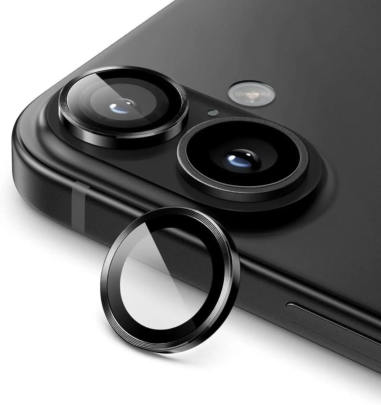 Main image of Camera Lens Protector for iPhone 16 6.1-Inch and iPhone 16 Plus 6.7-Inch 9H Tempered Glass Metal Individual Ring Cover HD Clear 1 Set (Black)