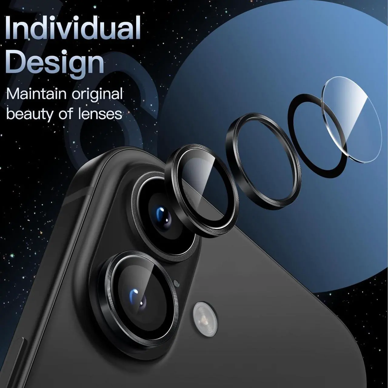 Alt view image 3 of 7 - Camera Lens Protector for iPhone 16 6.1-Inch and iPhone 16 Plus 6.7-Inch 9H Tempered Glass Metal Individual Ring Cover HD Clear 1 Set (Black)