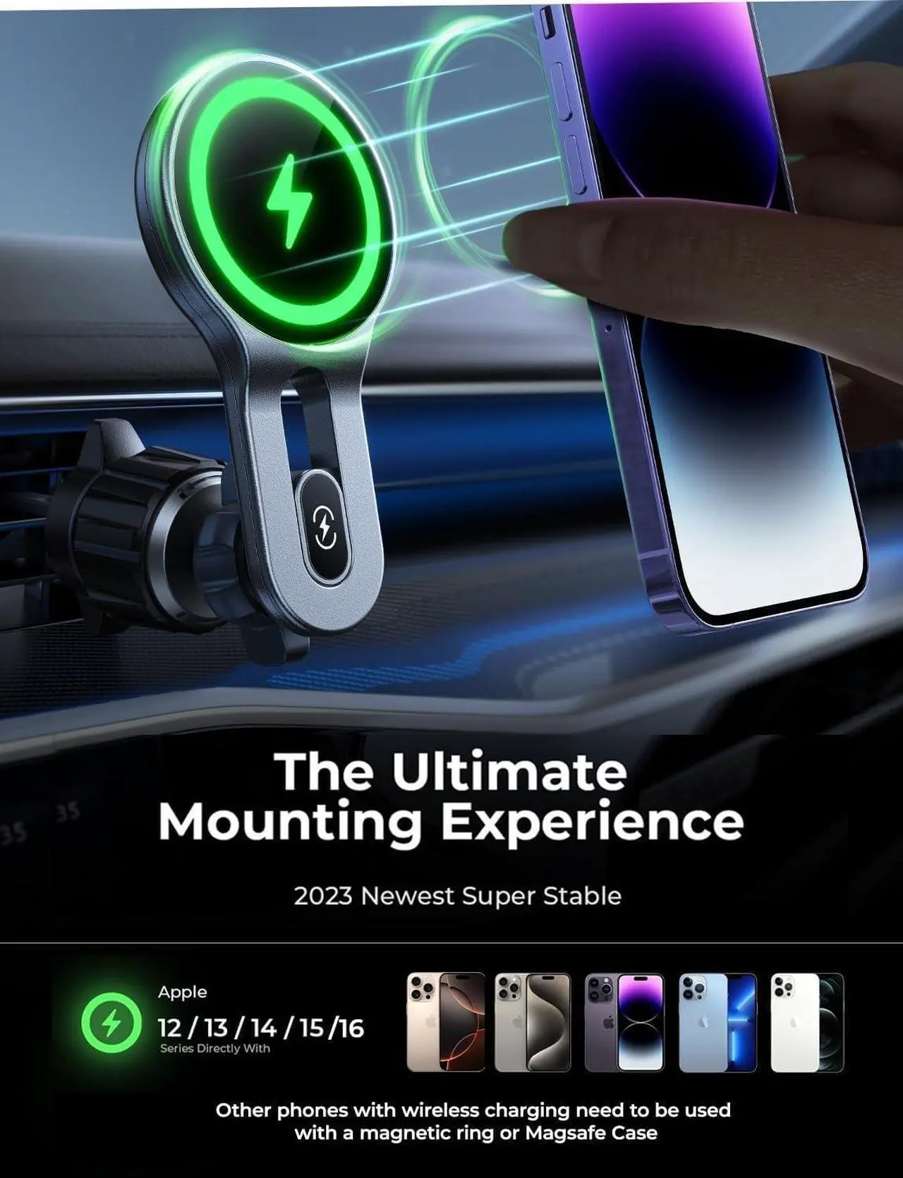 Alt view image 7 of 7 - for 15W MagSafe Car Mount Charger [Safer & Faster] Vent Magnetic Wireless Car Charger Car Vent Phone Mount Charger Fits iPhone 16 Pro Max Plus 15 14 13 12  with MagSafe Case Black