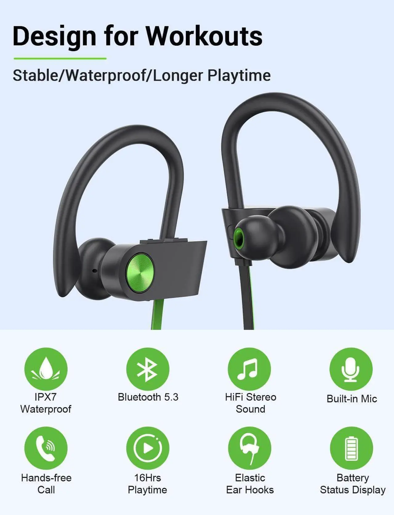 Alt view image 2 of 7 - Bluetooth Headphones 5.3 Wireless Sports Earbuds IPX7 Waterproof with Mic Stereo Sweatproof in-Ear Earphones Noise Cancelling Headsets for Gym Running Workout 16 Hours Playtime - GreenBlack