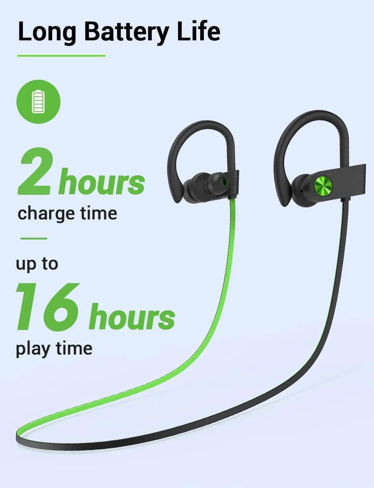 Alt view image 6 of 7 - Bluetooth Headphones 5.3 Wireless Sports Earbuds IPX7 Waterproof with Mic Stereo Sweatproof in-Ear Earphones Noise Cancelling Headsets for Gym Running Workout 16 Hours Playtime - GreenBlack