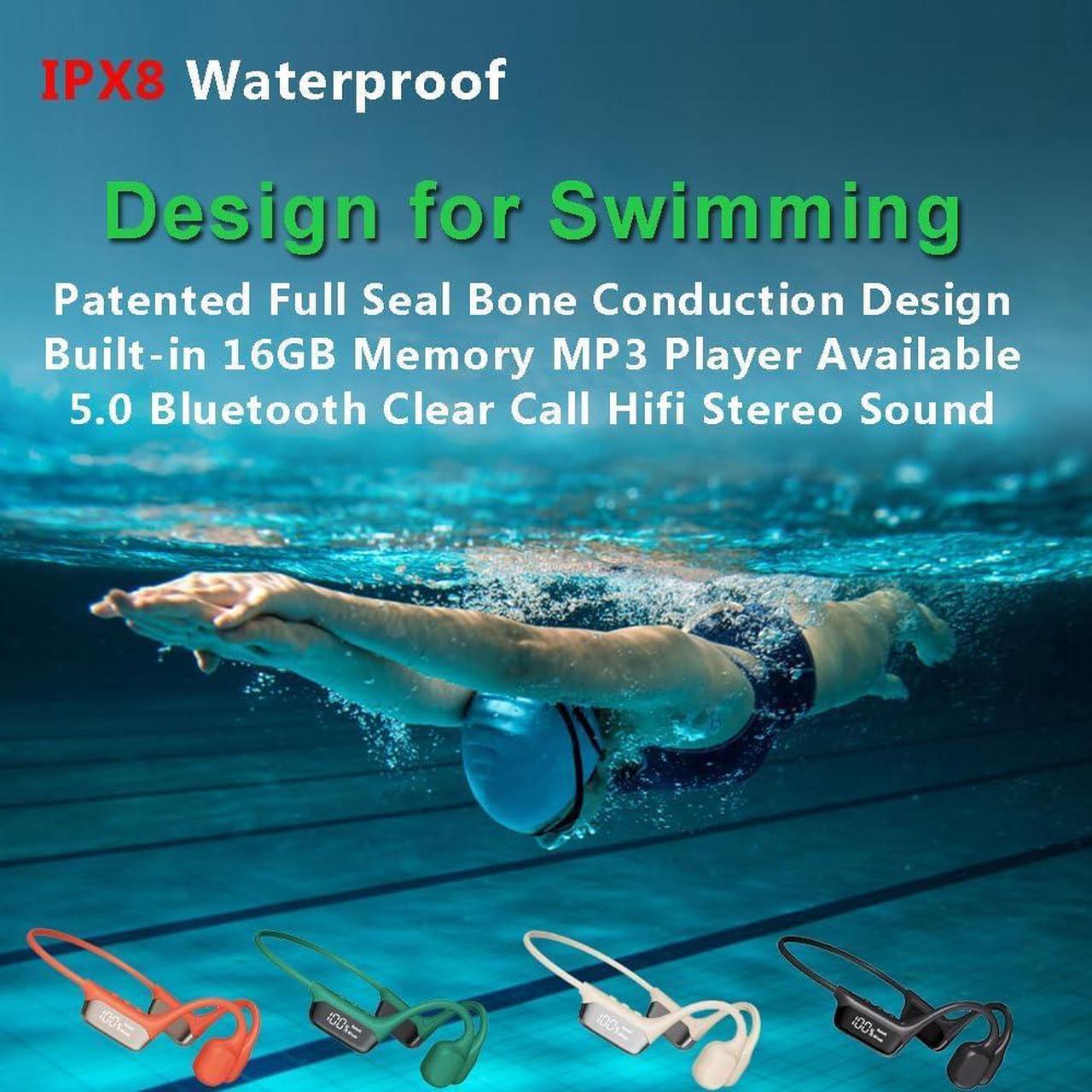 Alt view image 4 of 7 - Swimming Headphones Bone Conduction Open Ear Headset MP3 Player Built-in 32G Memory IP68 Underwater Waterproof Stereo Bluetooth Earphone LED Screen for Driving Bicycling Running Skiing-S10 Green