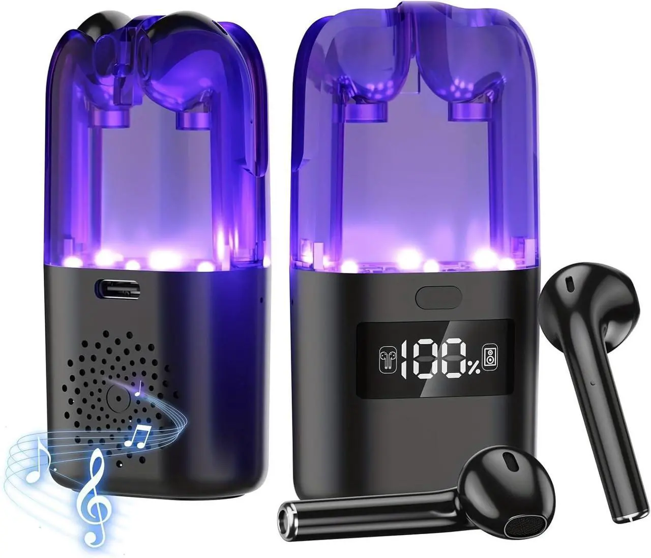 Main image of 3 in 1 Wireless Bluetooth Earbuds with Speaker and Microphone Portable Headphones One Button Switch Mini RGB Charging Case with Led Digital Display Type-C Charging Port 48 Hours Playback Headset Black