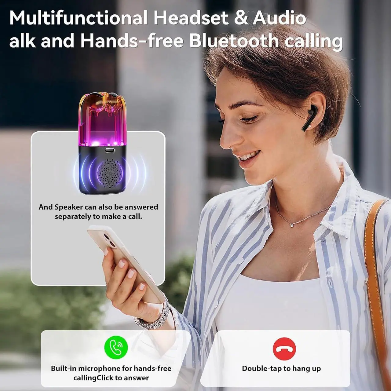 Alt view image 3 of 7 - 3 in 1 Wireless Bluetooth Earbuds with Speaker and Microphone Portable Headphones One Button Switch Mini RGB Charging Case with Led Digital Display Type-C Charging Port 48 Hours Playback Headset Black