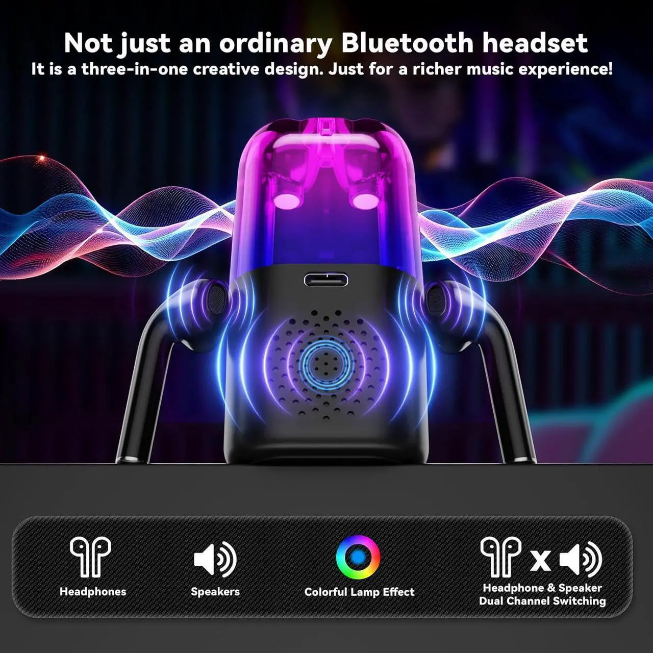 Alt view image 2 of 7 - 3 in 1 Wireless Bluetooth Earbuds with Speaker and Microphone Portable Headphones One Button Switch Mini RGB Charging Case with Led Digital Display Type-C Charging Port 48 Hours Playback Headset Black