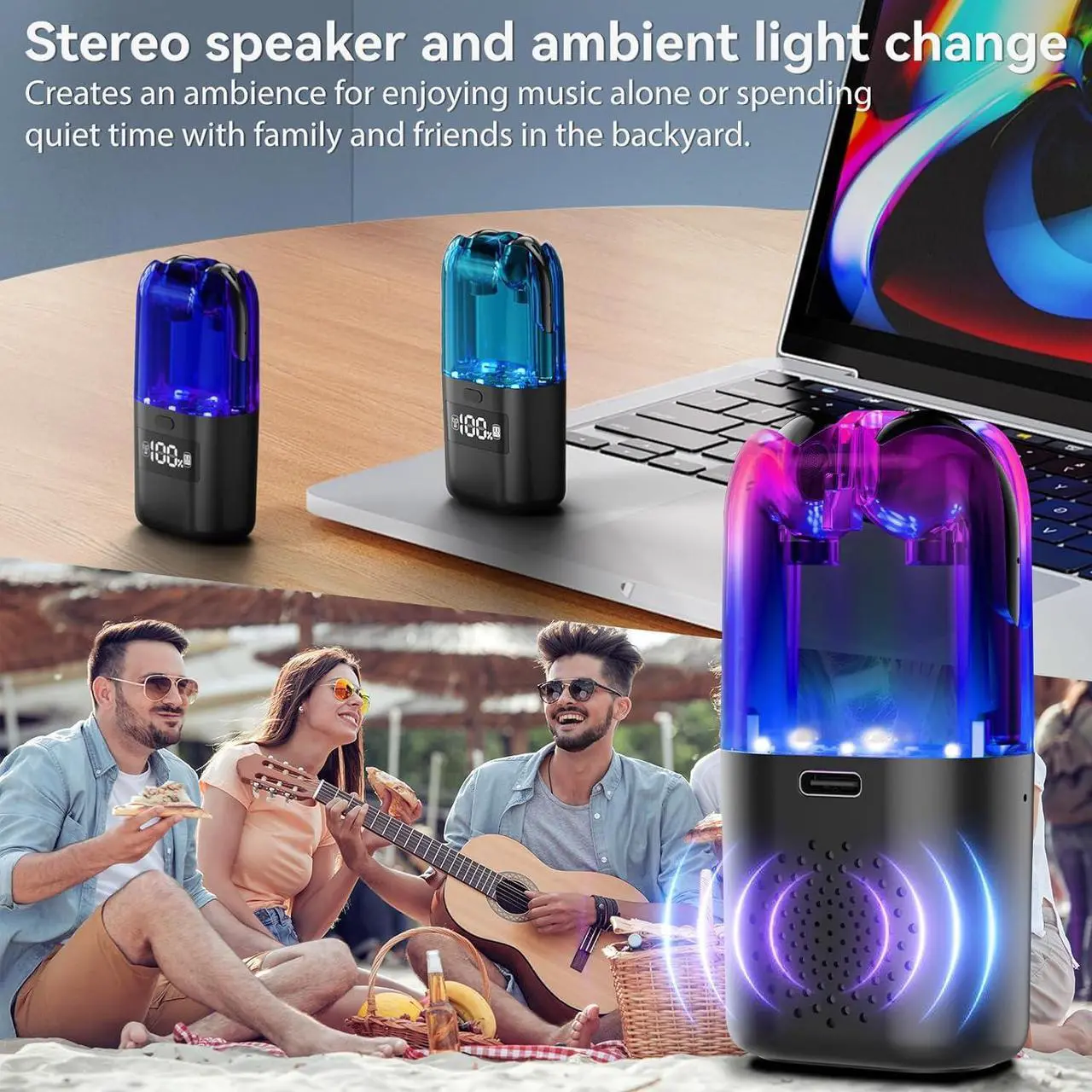 Alt view image 5 of 7 - 3 in 1 Wireless Bluetooth Earbuds with Speaker and Microphone Portable Headphones One Button Switch Mini RGB Charging Case with Led Digital Display Type-C Charging Port 48 Hours Playback Headset Black