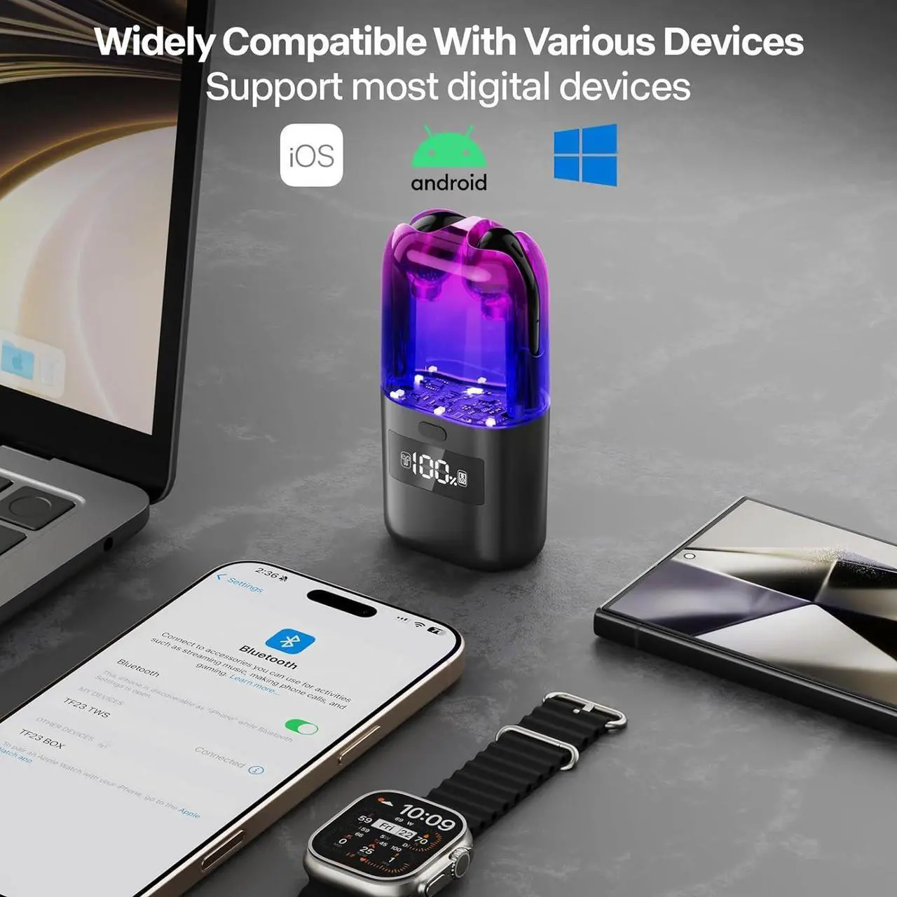 Alt view image 6 of 7 - 3 in 1 Wireless Bluetooth Earbuds with Speaker and Microphone Portable Headphones One Button Switch Mini RGB Charging Case with Led Digital Display Type-C Charging Port 48 Hours Playback Headset Black