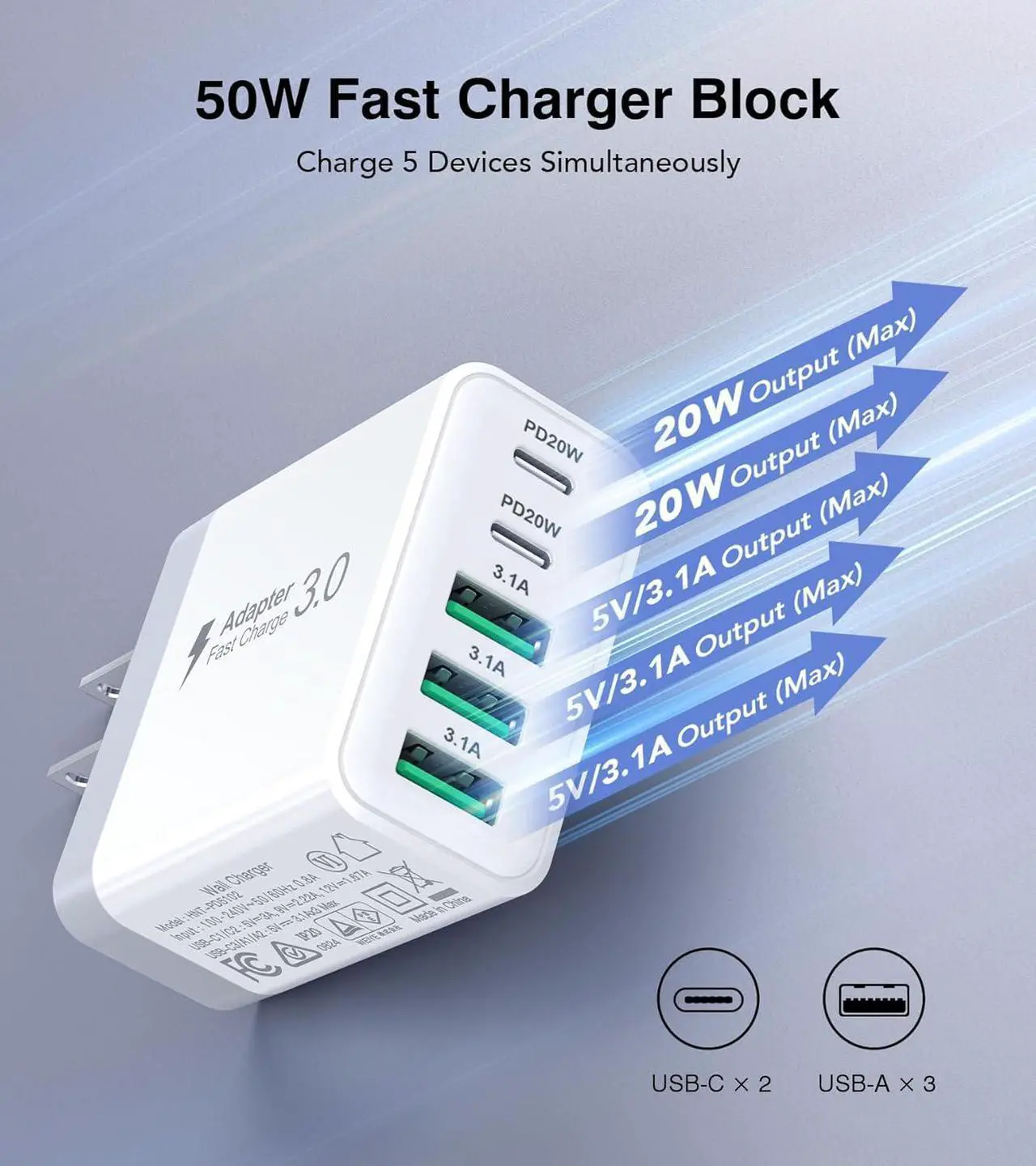 Alt view image 2 of 7 - [2-Pack] USB C Wall Charger 50W Fast USB C Charger Block 5-Port PD Power Adapter + QC Wall Plug Multiport Type C Charging Block Cube Compatible with iPhone 16 15 14 13 12 11 Pro Max XR XS Tablets