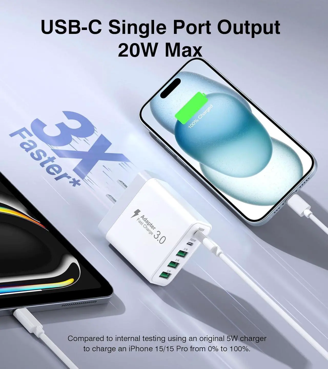 Alt view image 3 of 7 - [2-Pack] USB C Wall Charger 50W Fast USB C Charger Block 5-Port PD Power Adapter + QC Wall Plug Multiport Type C Charging Block Cube Compatible with iPhone 16 15 14 13 12 11 Pro Max XR XS Tablets