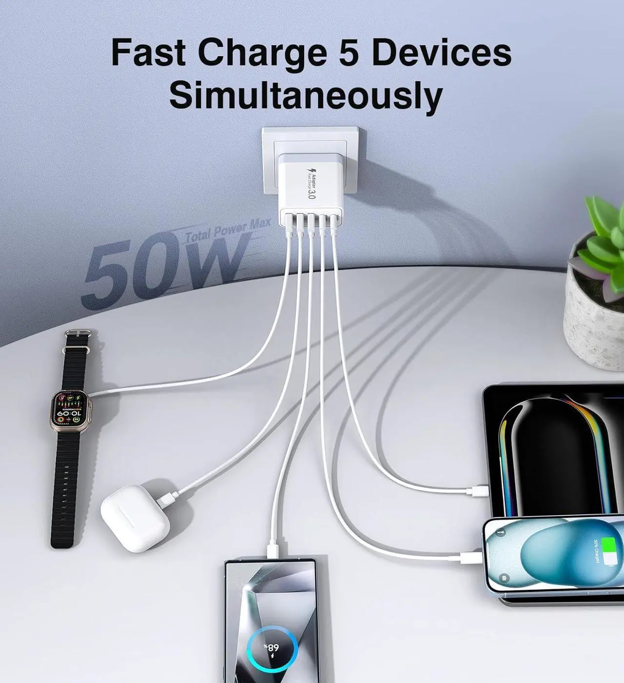 Alt view image 4 of 7 - [2-Pack] USB C Wall Charger 50W Fast USB C Charger Block 5-Port PD Power Adapter + QC Wall Plug Multiport Type C Charging Block Cube Compatible with iPhone 16 15 14 13 12 11 Pro Max XR XS Tablets