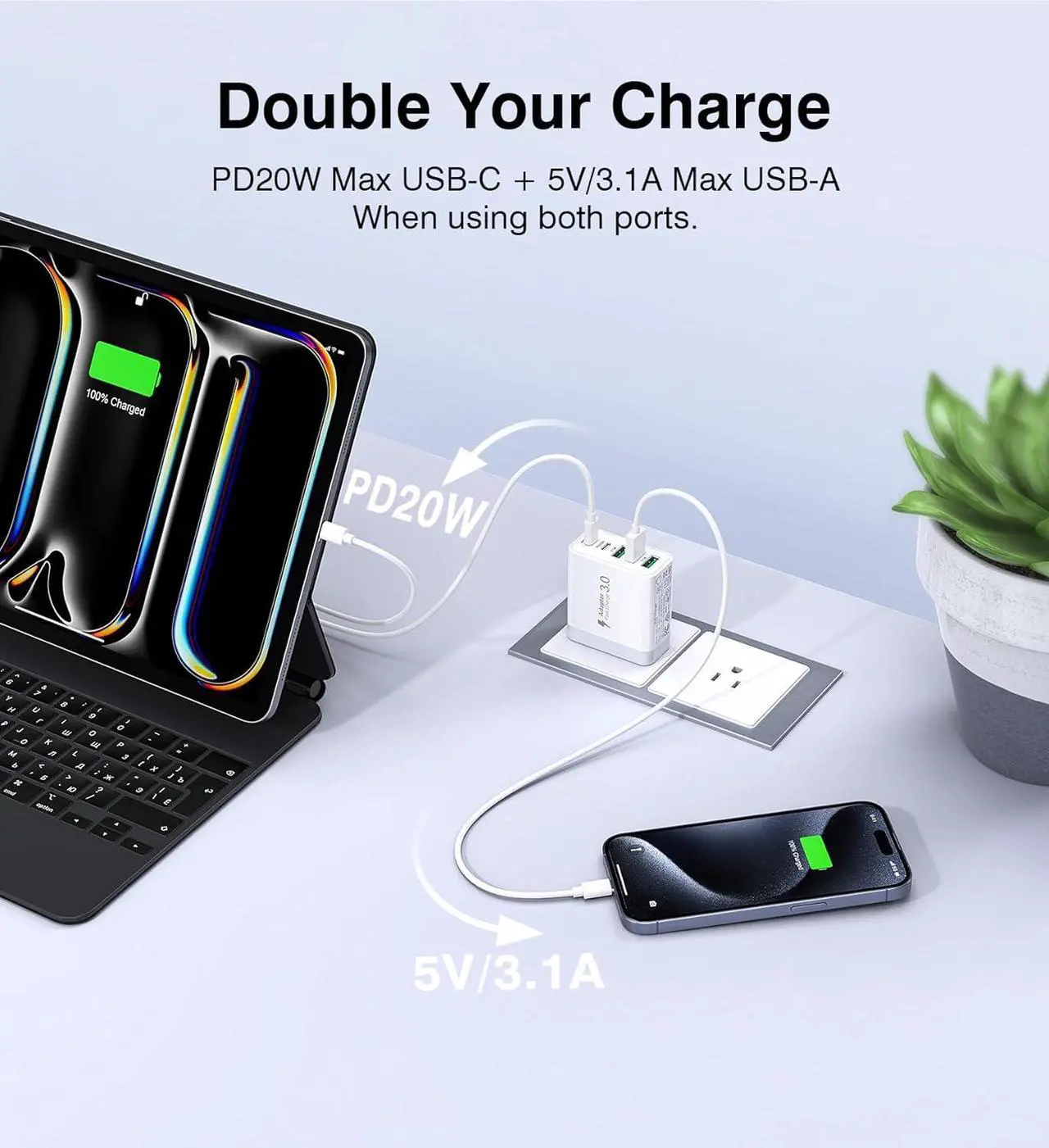 Alt view image 5 of 7 - [2-Pack] USB C Wall Charger 50W Fast USB C Charger Block 5-Port PD Power Adapter + QC Wall Plug Multiport Type C Charging Block Cube Compatible with iPhone 16 15 14 13 12 11 Pro Max XR XS Tablets