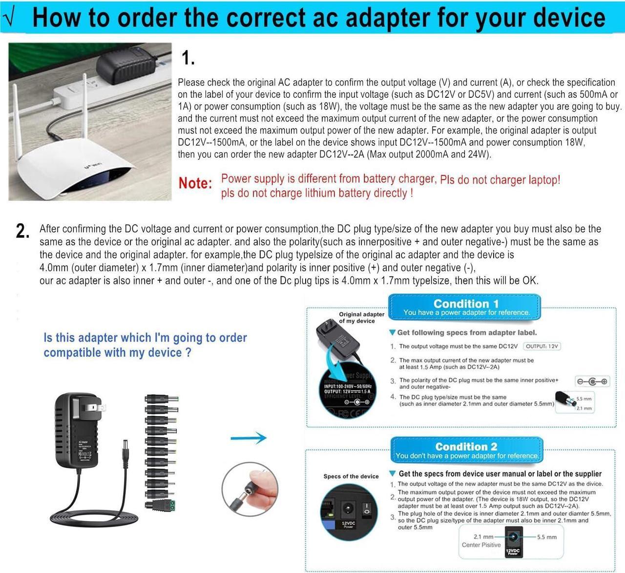Alt view image 3 of 7 - 24V Power Supply AC Adapter 2A 1A DC24V with 11 Changeable DC Plugs AC120V to DC24Volts 2Amps 1.5A 1A 0.5A 200mA 100mA Power Adapter Wall Charger 24V Converter Inverter Transformer 5FT
