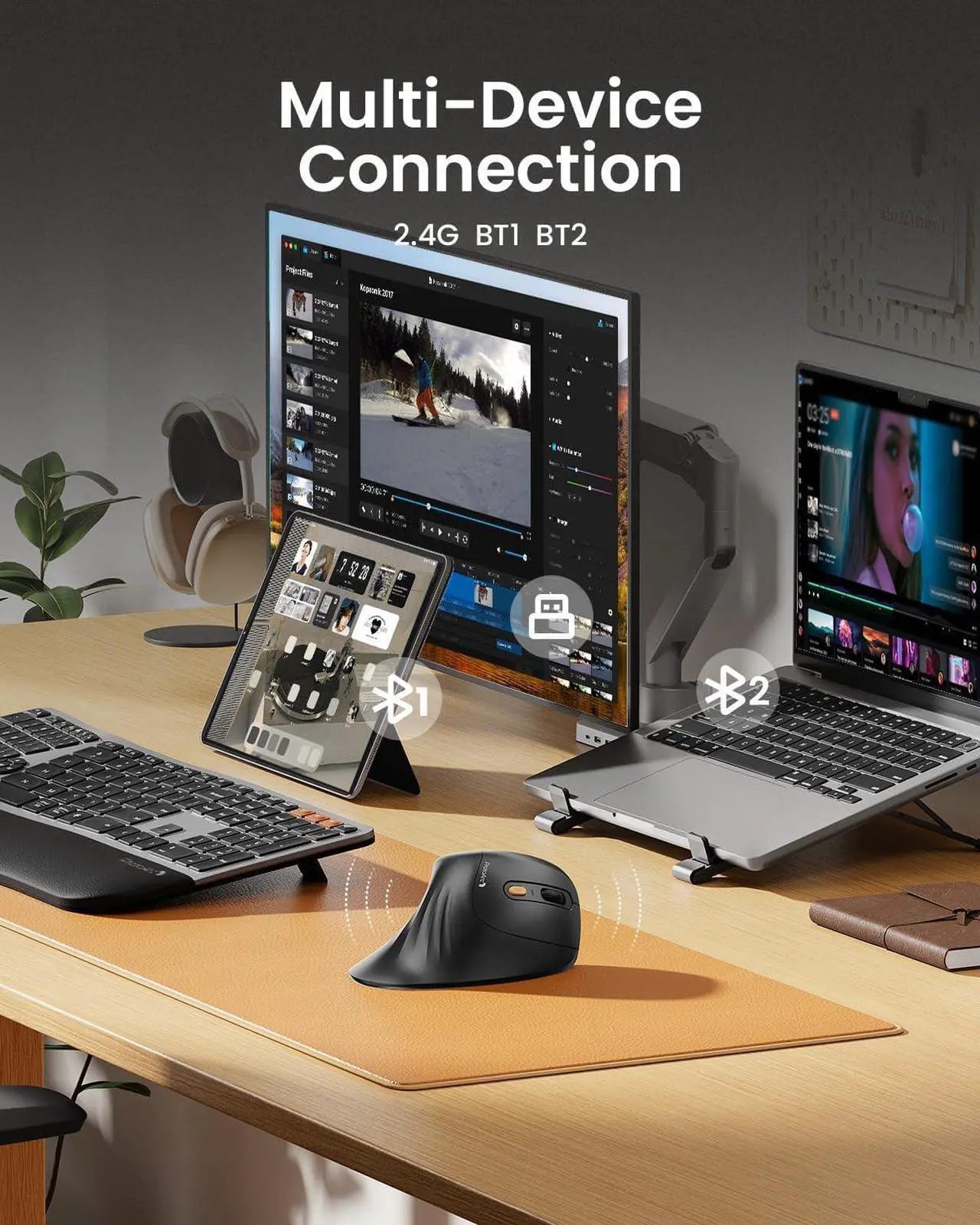 Alt view image 2 of 7 - Ergonomic Mouse EM11 NL Bluetooth Rechargeable Wireless Vertical Mouse 3 Multi-Device Connectivity for Computer/PC/Laptop 2.4GHz Optical Mice for Windows Mac OS Black