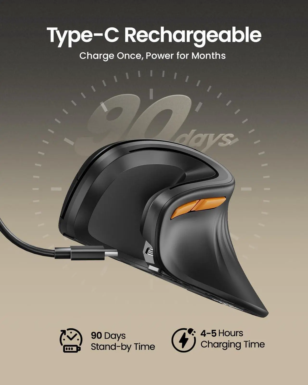 Alt view image 3 of 7 - Ergonomic Mouse EM11 NL Bluetooth Rechargeable Wireless Vertical Mouse 3 Multi-Device Connectivity for Computer/PC/Laptop 2.4GHz Optical Mice for Windows Mac OS Black