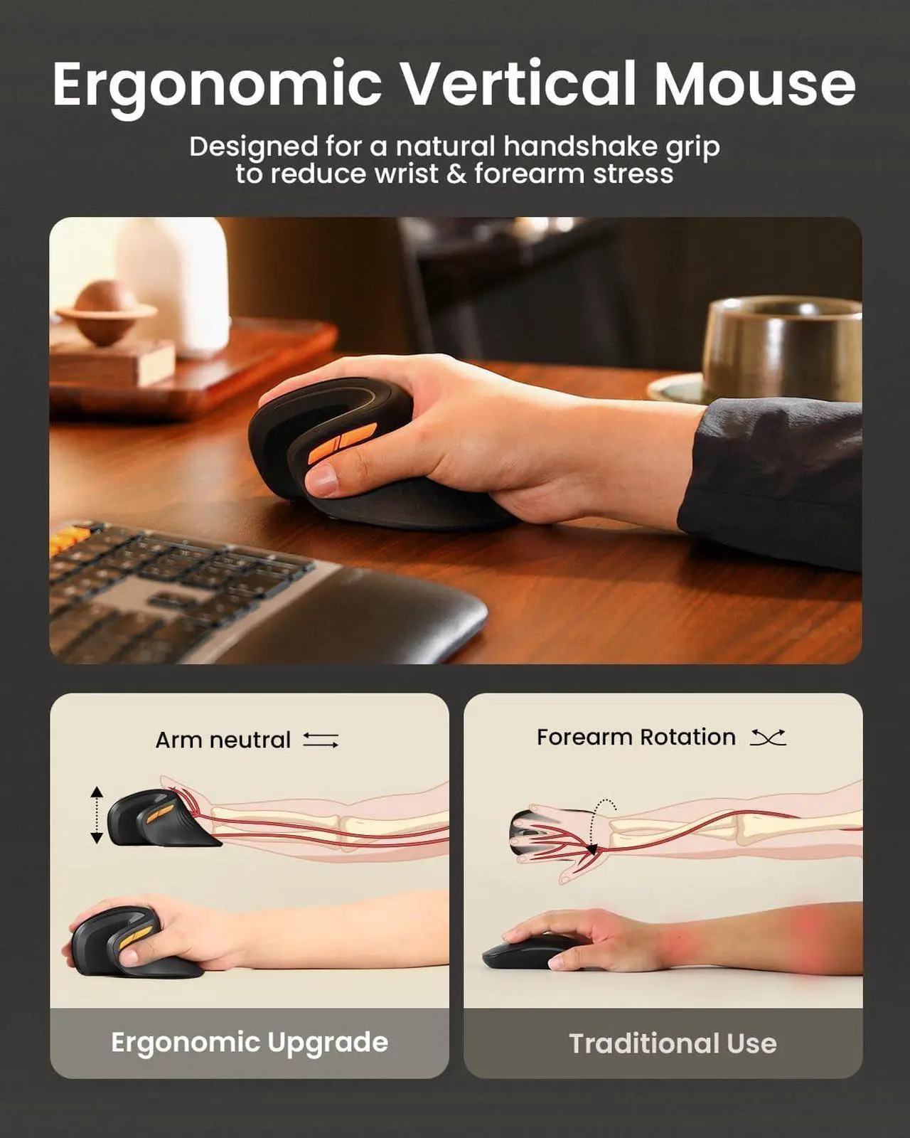 Alt view image 5 of 7 - Ergonomic Mouse EM11 NL Bluetooth Rechargeable Wireless Vertical Mouse 3 Multi-Device Connectivity for Computer/PC/Laptop 2.4GHz Optical Mice for Windows Mac OS Black
