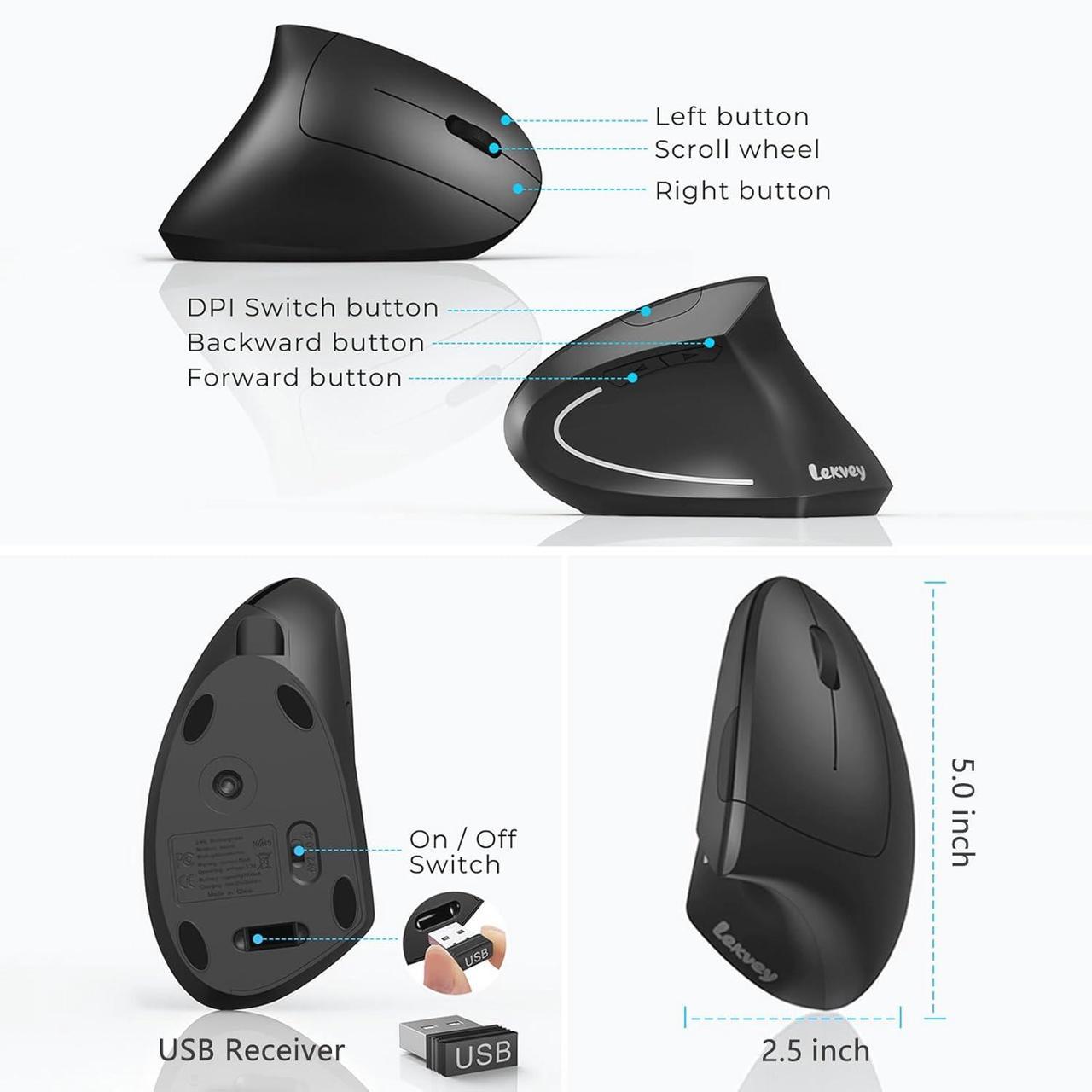 Alt view image 6 of 7 - Ergonomic Mouse Vertical Wireless Mouse - Rechargeable 2.4GHz Optical Vertical Mice : 3 Adjustable DPI 800/1200/1600 Levels 6 Buttons for Laptop PC Computer Desktop Notebook etc Black