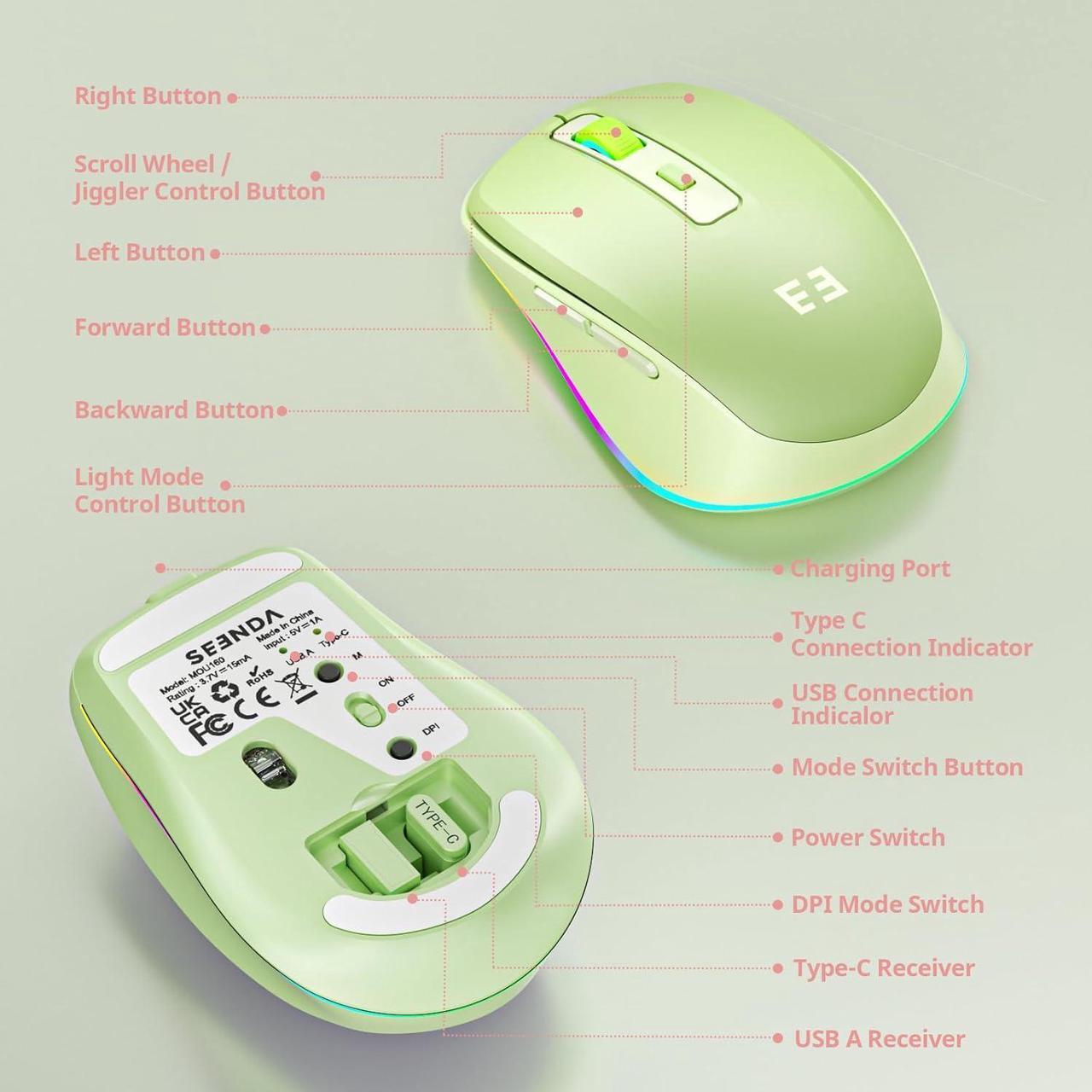 Alt view image 6 of 7 - Wireless Mouse with Jiggler - Light Up USB C Mouse USB&Type C Receiver Build-in Jiggler Mover Compatible with MacBook iPad Windows Tablet/Laptop/Computer Green