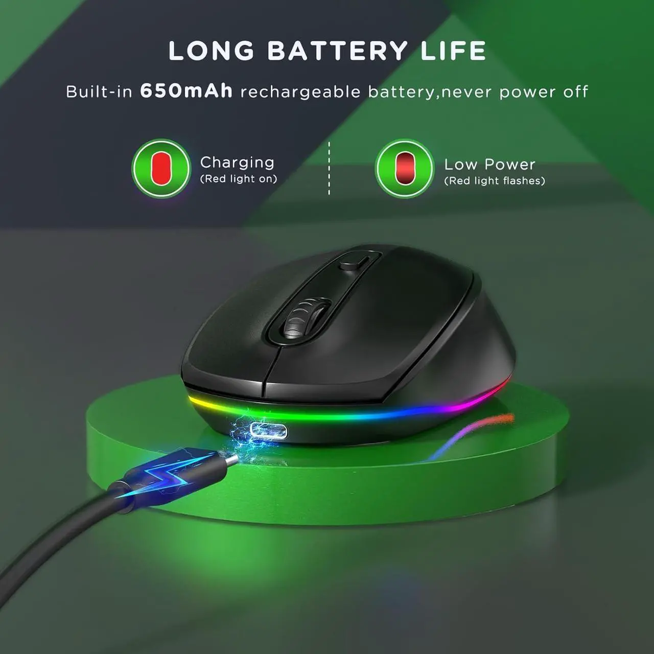 Alt view image 3 of 6 - Rechargeable Wireless Mouse -Light Up Mouse for Laptop Small Cordless Mice with Quiet Click & LED Lights for Kids Chromebook Windows Mac PC Computer - Black