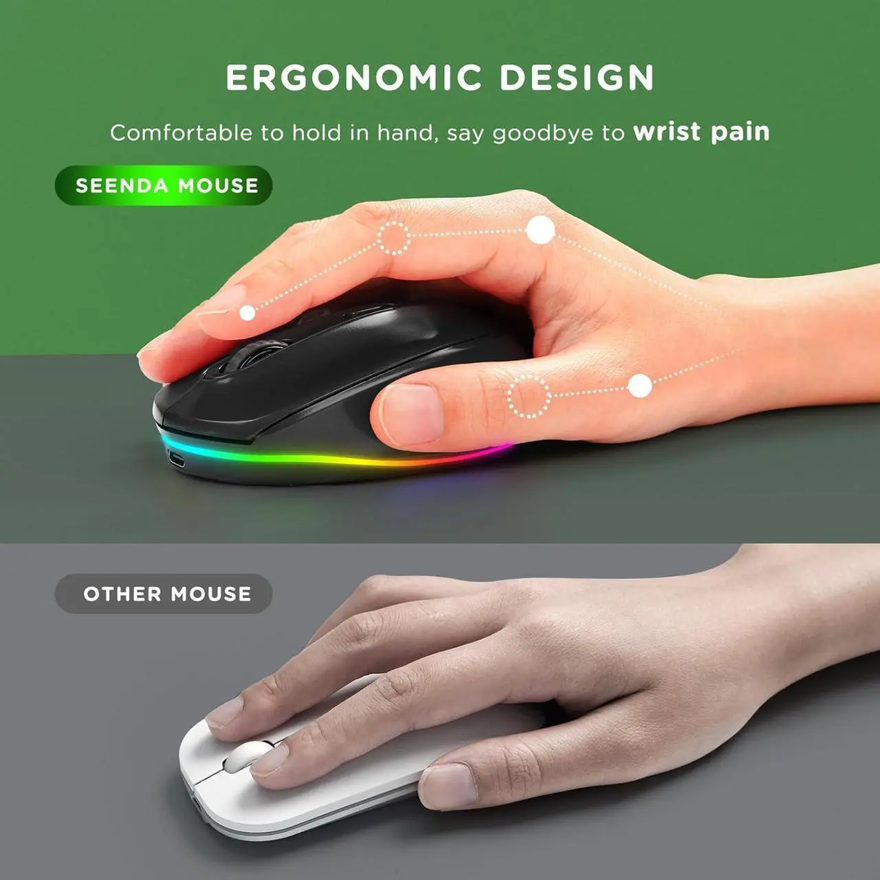 Alt view image 4 of 6 - Rechargeable Wireless Mouse -Light Up Mouse for Laptop Small Cordless Mice with Quiet Click & LED Lights for Kids Chromebook Windows Mac PC Computer - Black
