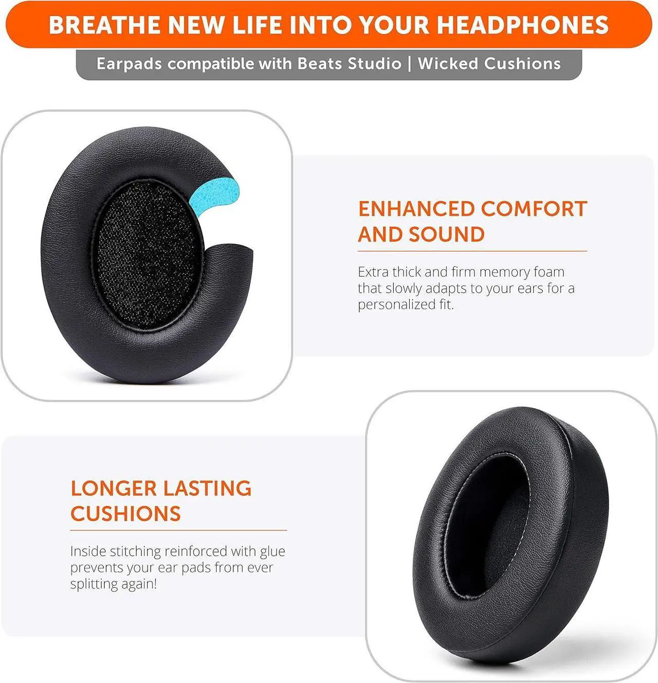 Alt view image 5 of 7 - Wicked Cushions Replacement Ear Pads for Beats Studio 2 & 3 (B0501 B0500) Wired & Wireless | Does NOT Fit Beats Solo | Softer PU Leather Enhanced Foam & Stronger Adhesive | Black