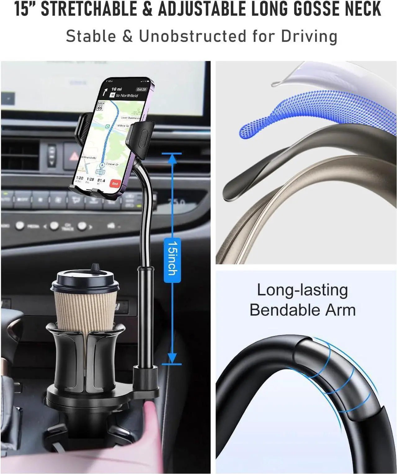 Alt view image 3 of 7 - Cup Phone Mount for Car 2 in 1 Universal Cup Phone Holder for Car Stretchable Long Neck Car Phone Mount Hands Free 360 Rotation Compatible with All Smartphones