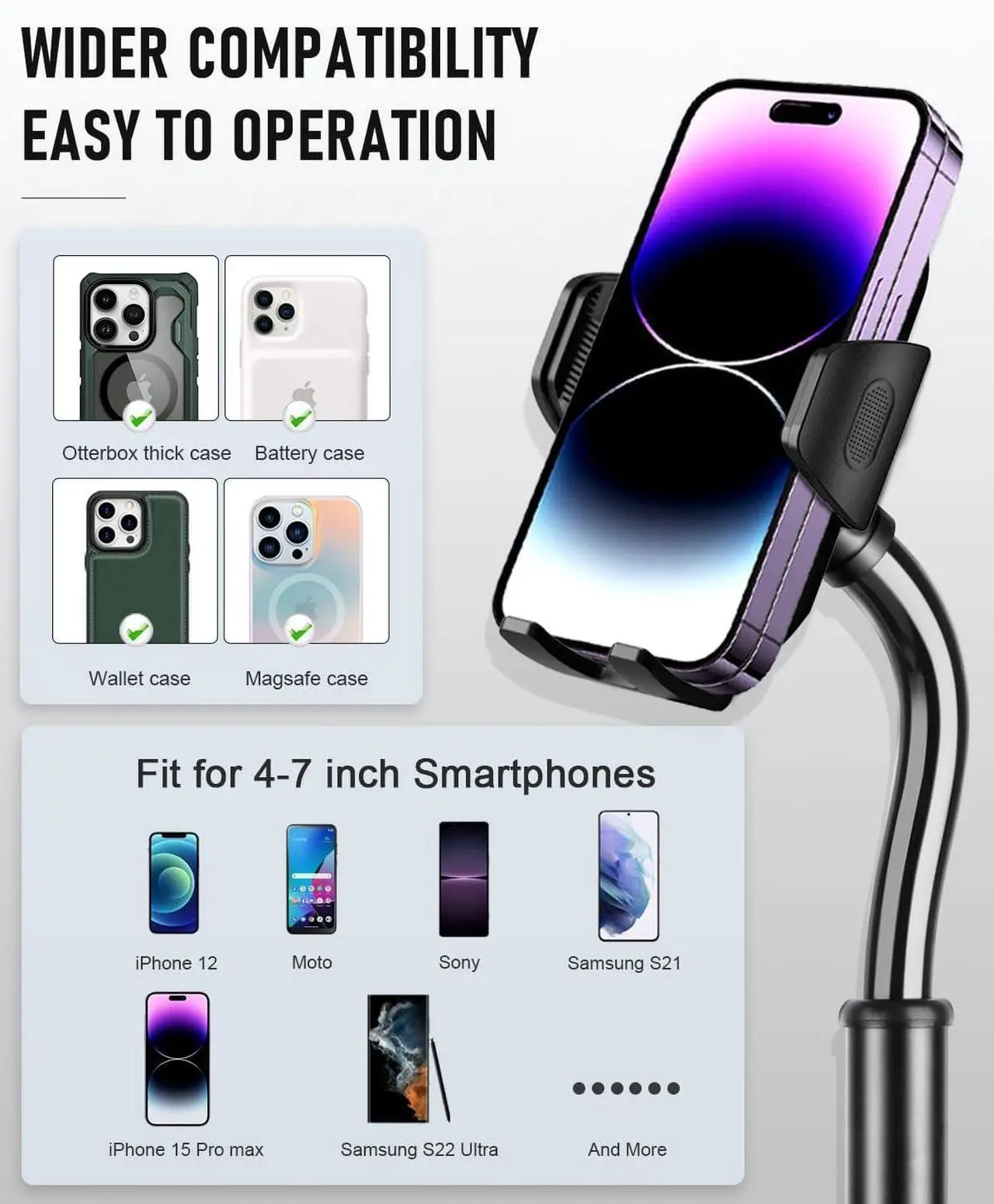Alt view image 4 of 7 - Cup Phone Mount for Car 2 in 1 Universal Cup Phone Holder for Car Stretchable Long Neck Car Phone Mount Hands Free 360 Rotation Compatible with All Smartphones
