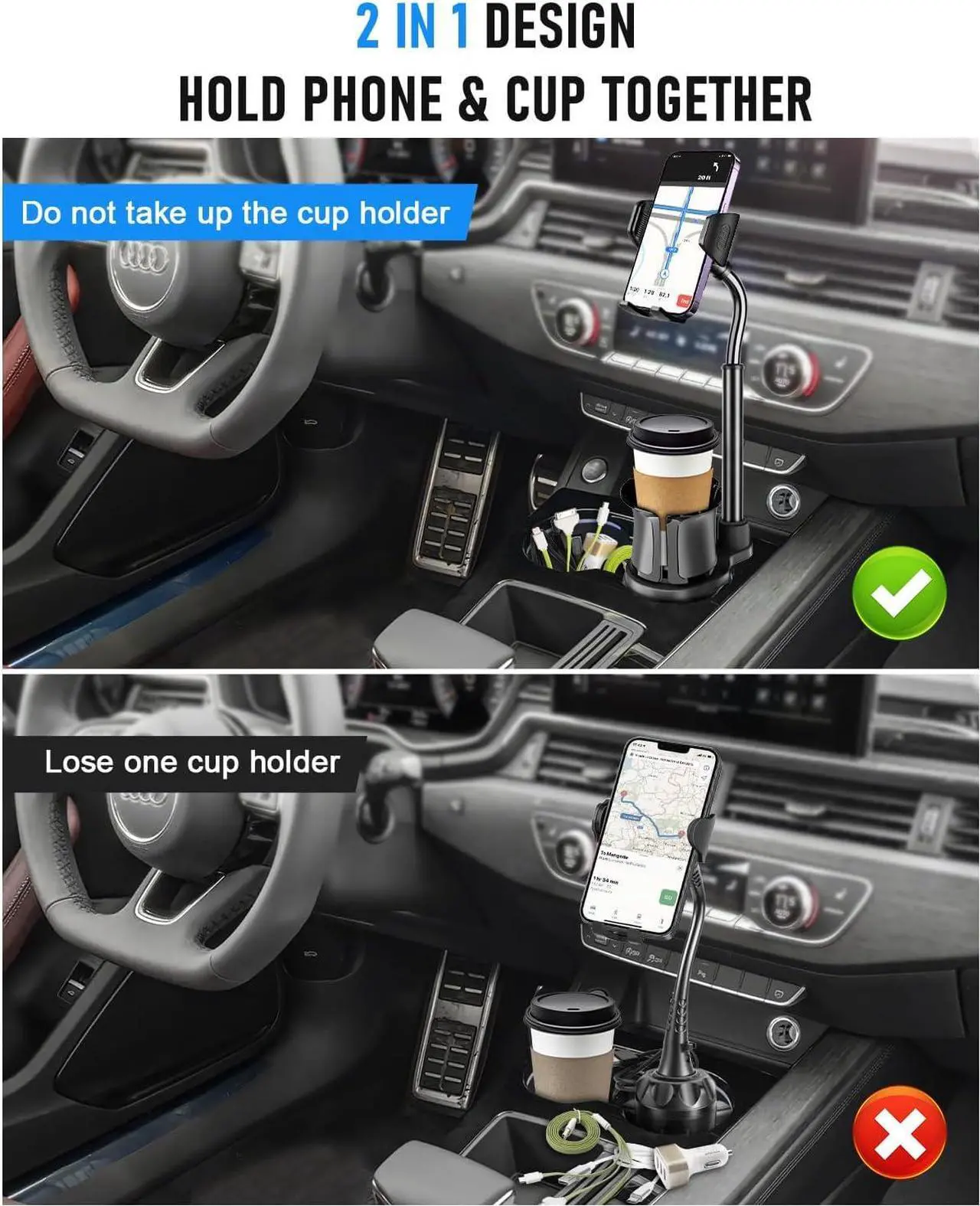 Alt view image 5 of 7 - Cup Phone Mount for Car 2 in 1 Universal Cup Phone Holder for Car Stretchable Long Neck Car Phone Mount Hands Free 360 Rotation Compatible with All Smartphones