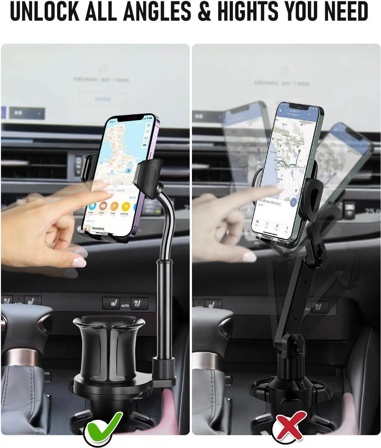 Alt view image 6 of 7 - Cup Phone Mount for Car 2 in 1 Universal Cup Phone Holder for Car Stretchable Long Neck Car Phone Mount Hands Free 360 Rotation Compatible with All Smartphones