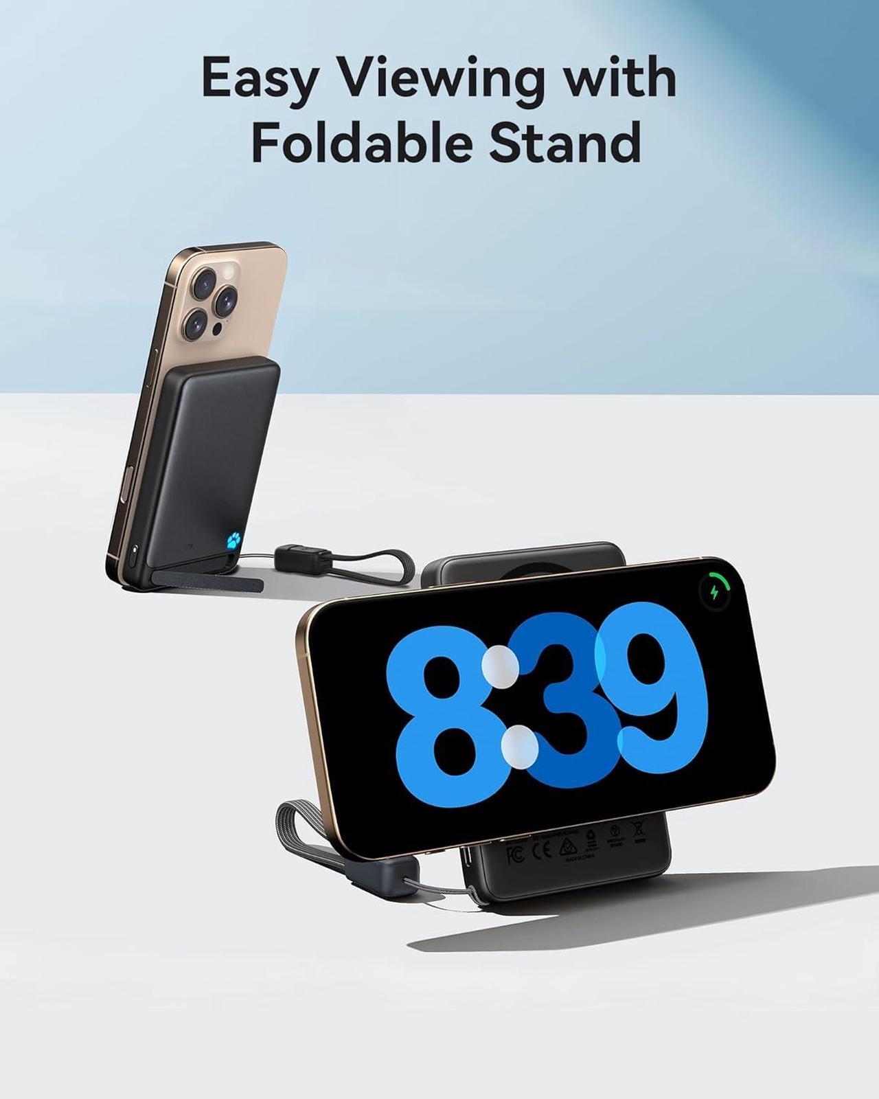 Alt view image 7 of 7 - for MagSafe Portable Charger 45W Slimmest 10000mAh Magnetic Power Bank Qi2 Certified with Lanyard USB C Cable & Kickstand MagSafe Compatible Battery Pack for iPhone 16 15 14 13 Series Airpods