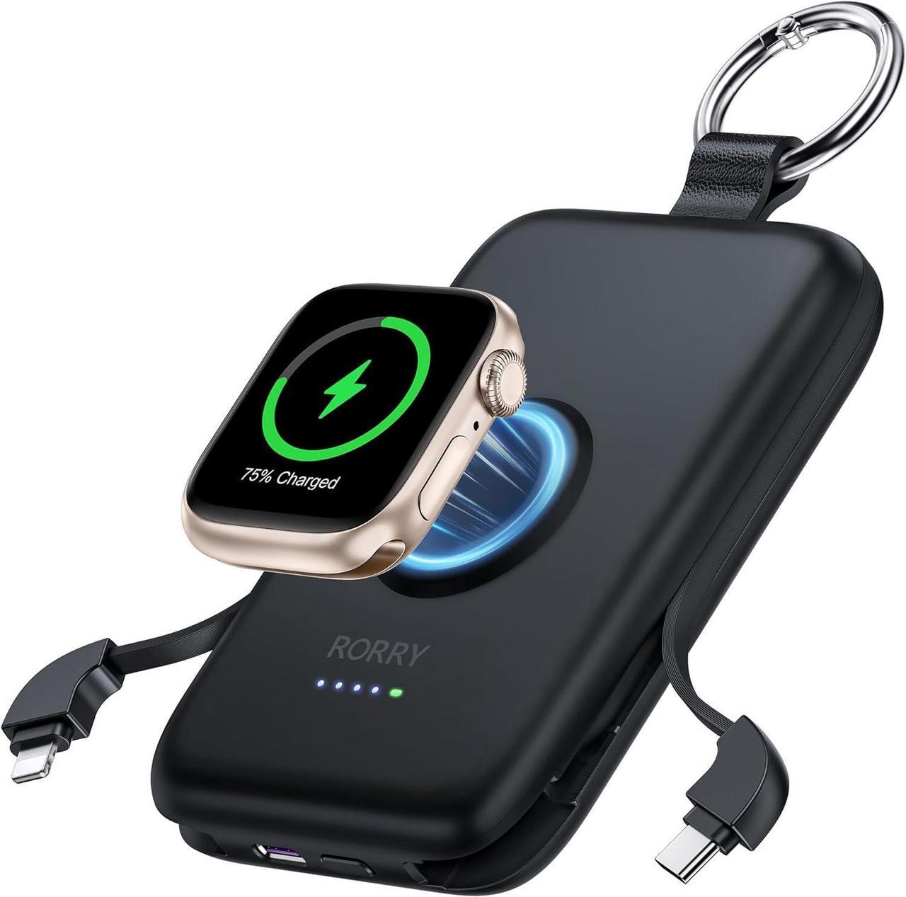 Main image of Portable Charger 10000mAh PD 20W Fast Charging Portable Charger Power Bank with Built in Cables Travel Battery Pack for iPhone 16/15/14/13/12 and  Watch Ultra/9/8/7/6/5/4/3/2 Black