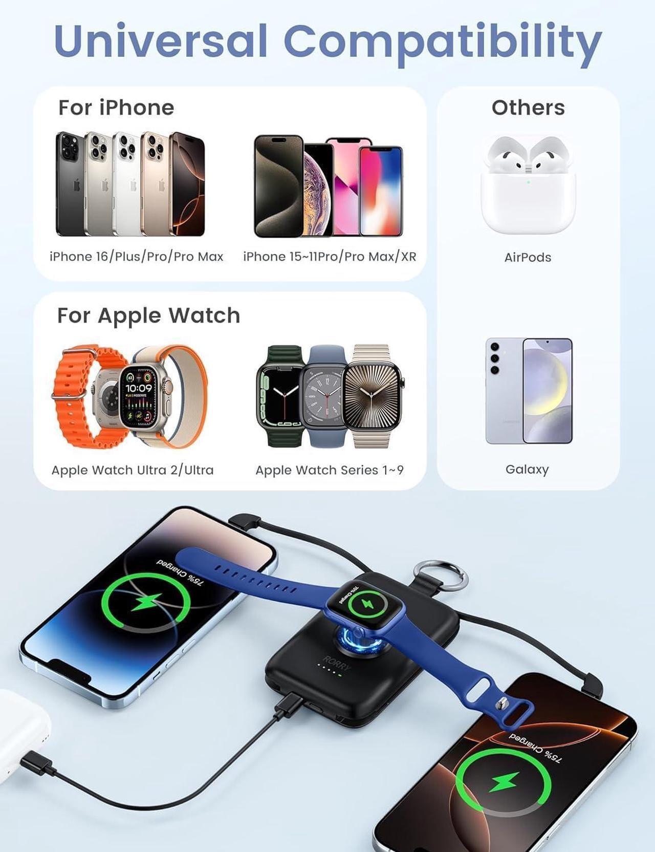 Alt view image 3 of 6 - Portable Charger 10000mAh PD 20W Fast Charging Portable Charger Power Bank with Built in Cables Travel Battery Pack for iPhone 16/15/14/13/12 and  Watch Ultra/9/8/7/6/5/4/3/2 Black