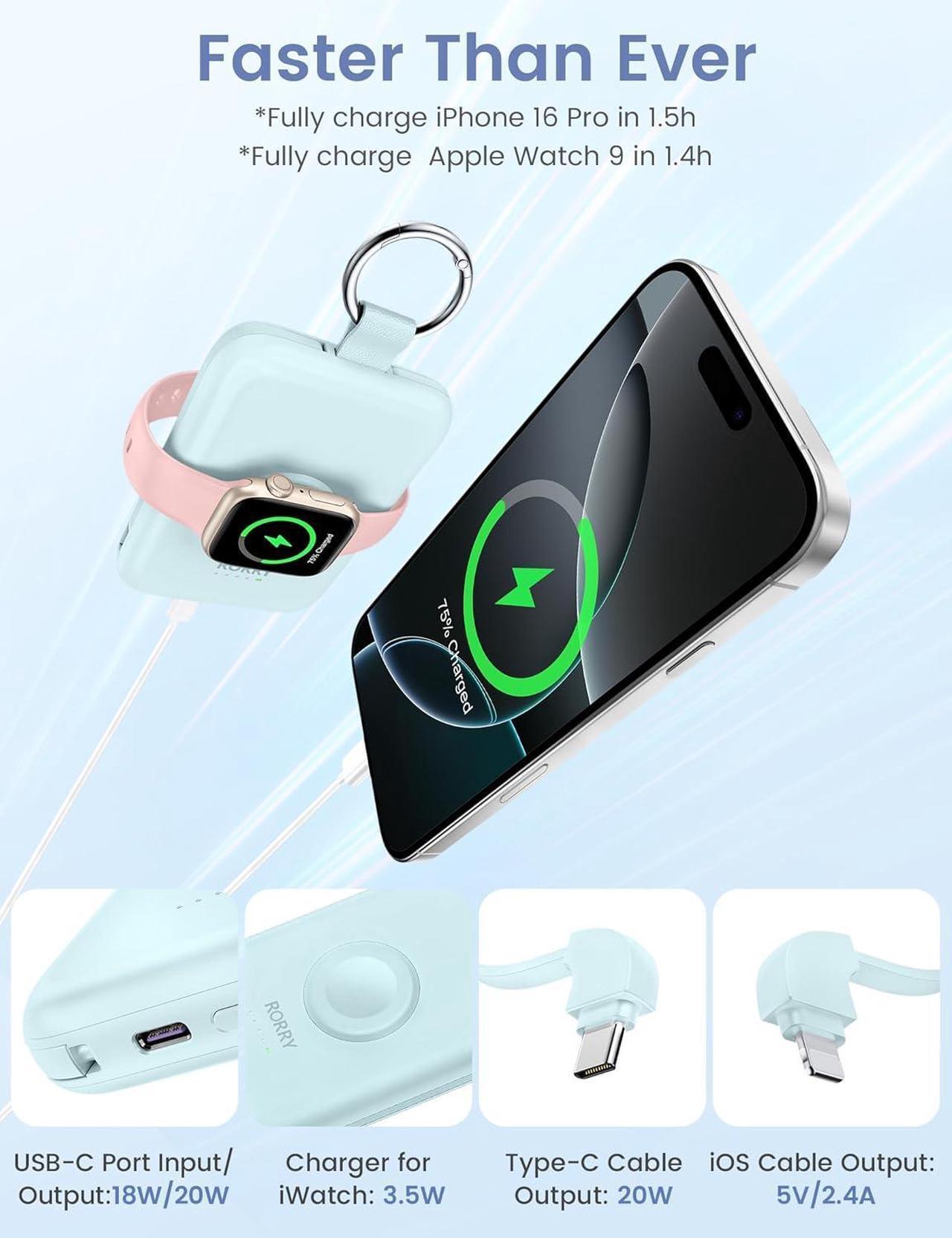 Alt view image 4 of 6 - Portable Charger 10000mAh PD 20W Fast Charging Portable Charger Power Bank with Built in Cables Travel Battery Pack for iPhone 16/15/14/13/12 and  Watch Ultra/9/8/7/6/5/4/3/2 Black