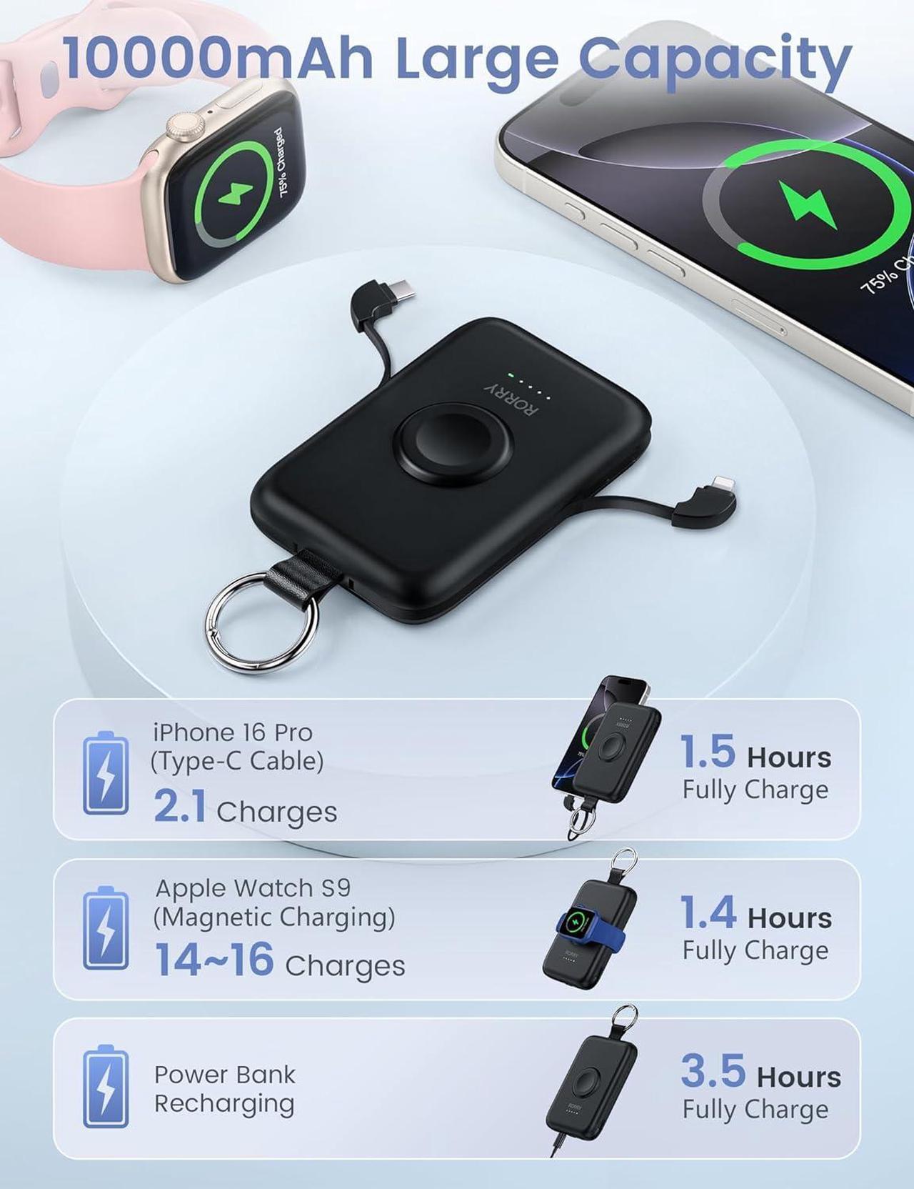 Alt view image 5 of 6 - Portable Charger 10000mAh PD 20W Fast Charging Portable Charger Power Bank with Built in Cables Travel Battery Pack for iPhone 16/15/14/13/12 and  Watch Ultra/9/8/7/6/5/4/3/2 Black