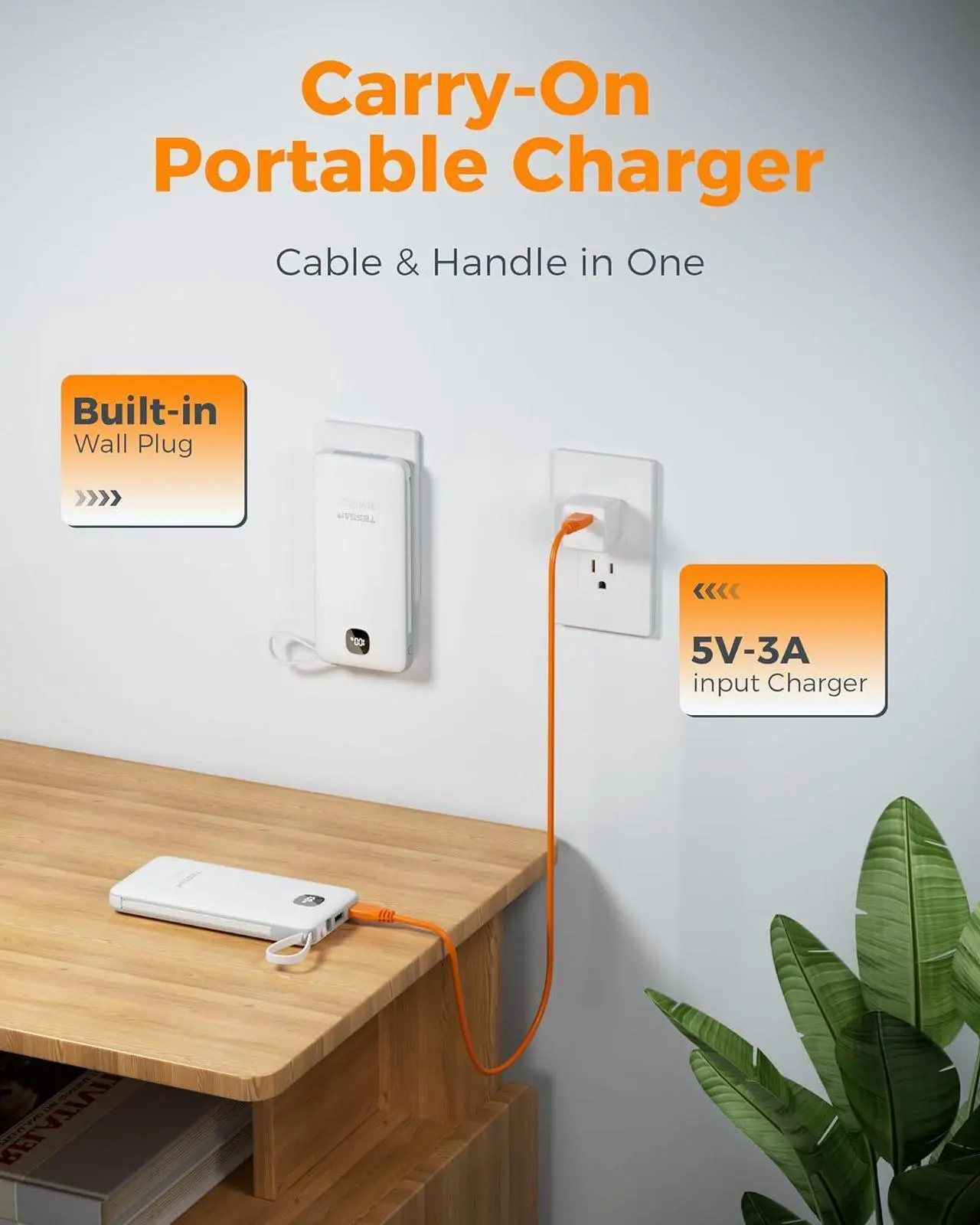 Alt view image 2 of 7 - Portable Charger with Built in Cables 10000mAh Power Bank Fast Charging with Foldable Wall Plug Charger 20W Compact Battery Pack Travel Essentials for iPhone 16/15 Series  Tablets