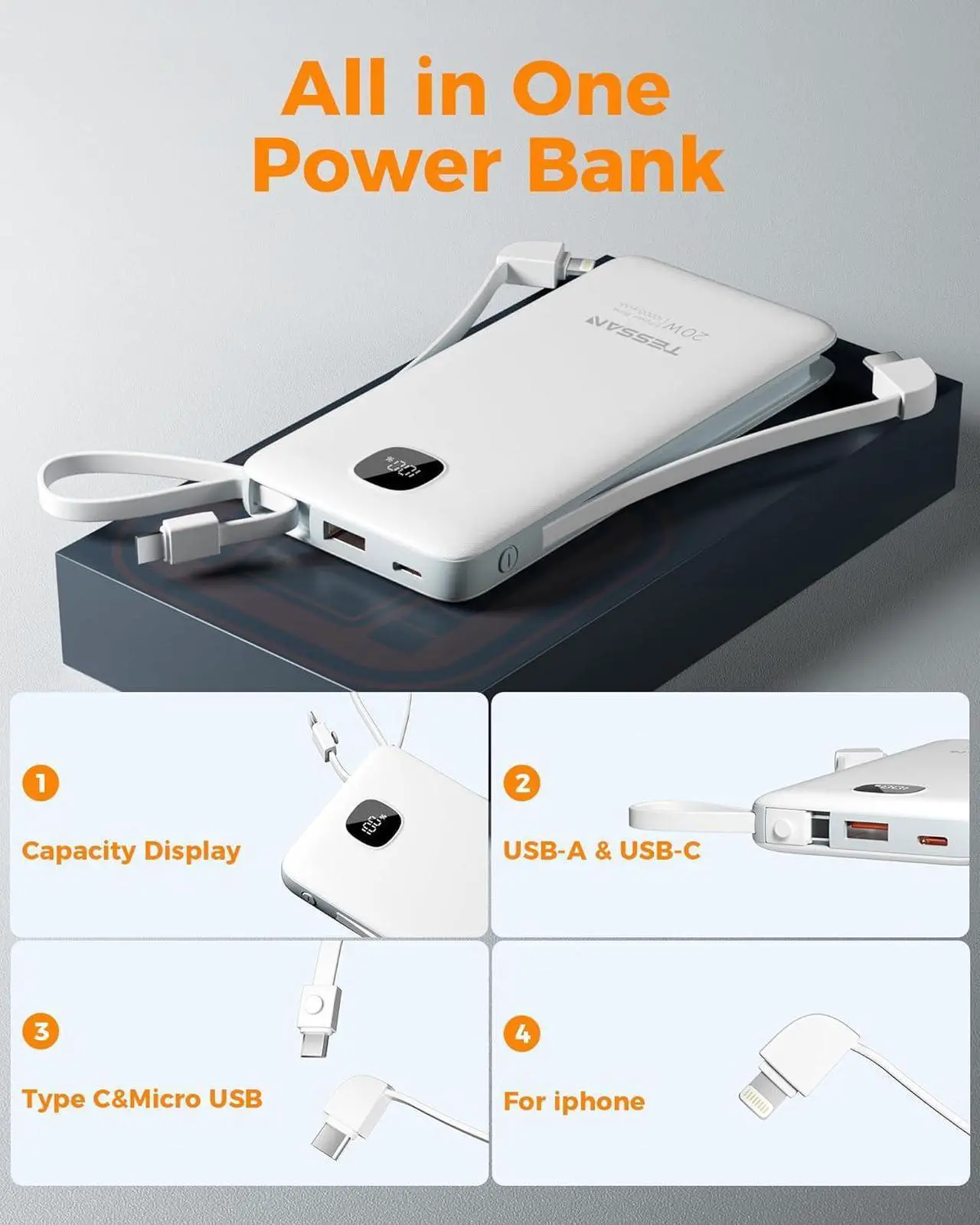 Alt view image 6 of 7 - Portable Charger with Built in Cables 10000mAh Power Bank Fast Charging with Foldable Wall Plug Charger 20W Compact Battery Pack Travel Essentials for iPhone 16/15 Series  Tablets