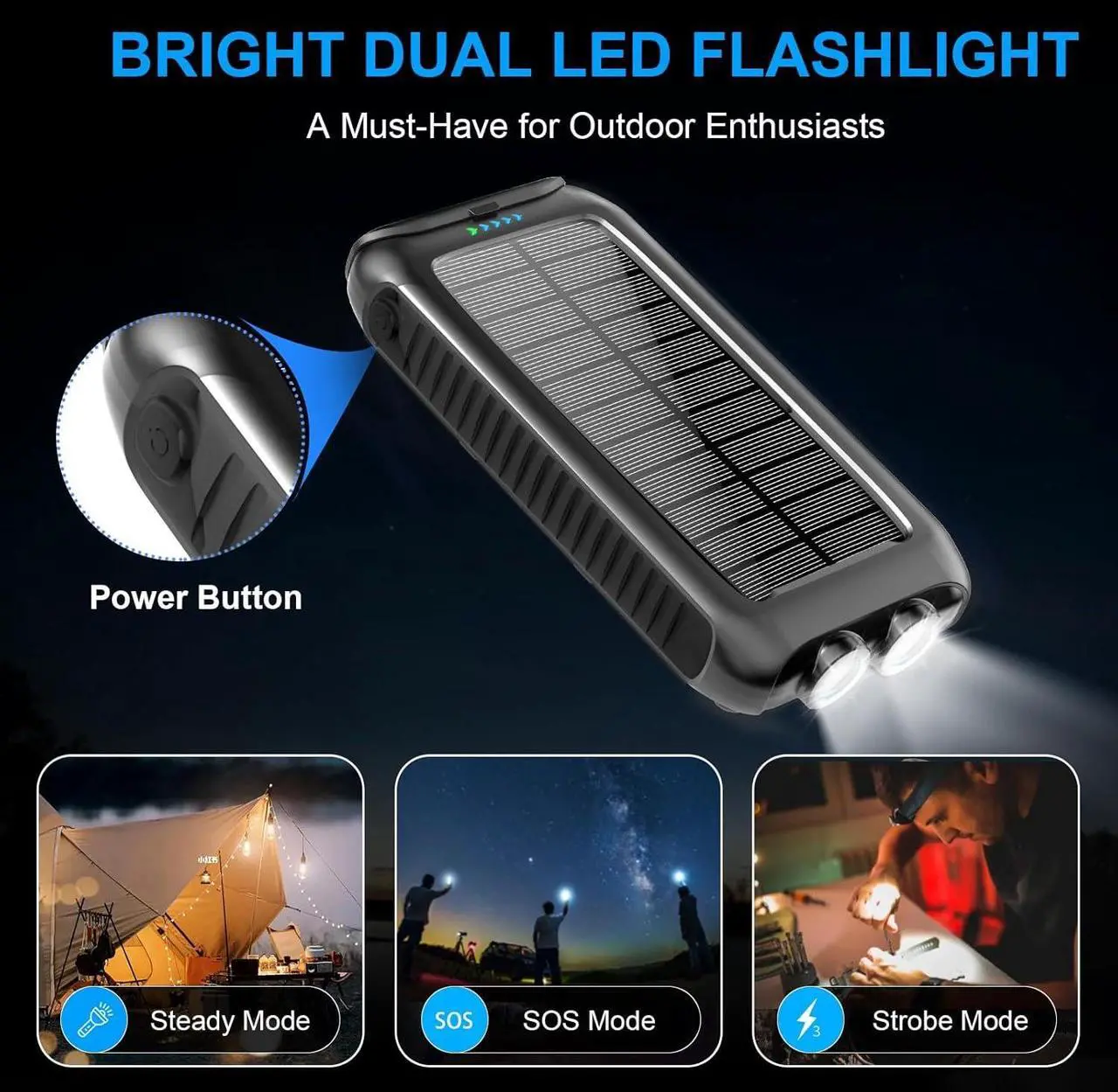 Alt view image 3 of 6 - Solar-Charger-Power-Bank-49800mAh Portable Solar Phone Charger with LED Flashlight/15W Fast Charge USB C Waterproof External Backup Battery Pack for All Cell Phones & Electronic Devices