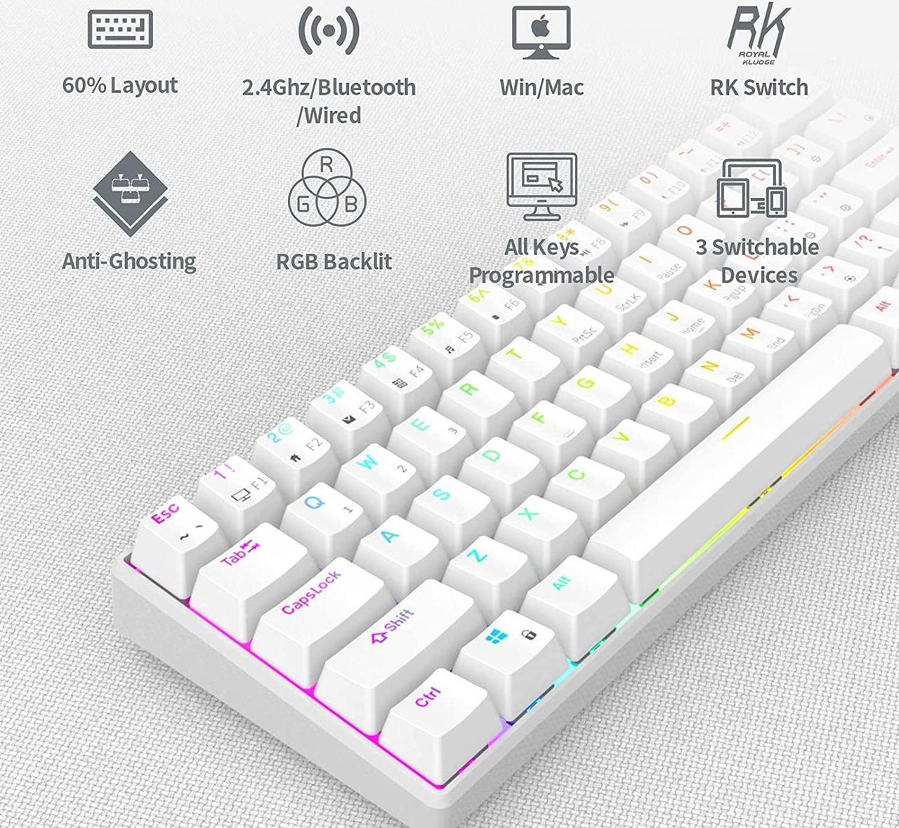 Alt view image 5 of 7 - Royal Kludge RK61 2.4Ghz Wireless / Bluetooth 5.1 / USB Wired 60% RGB Backlit Mechanical Gaming Keyboard - 61 Keys Ultra-Compact - White ABS Keycap - Blue Switch
