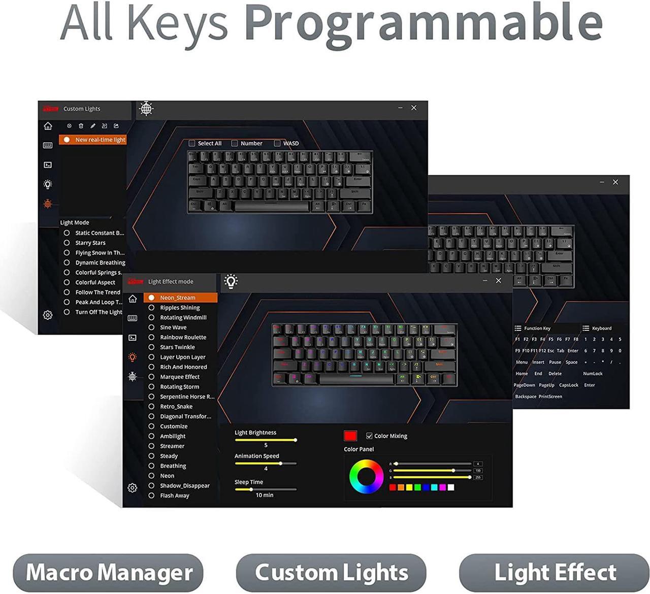 Alt view image 7 of 7 - Royal Kludge RK61 2.4Ghz Wireless / Bluetooth 5.1 / USB Wired 60% RGB Backlit Mechanical Gaming Keyboard - 61 Keys Ultra-Compact - White ABS Keycap - Blue Switch