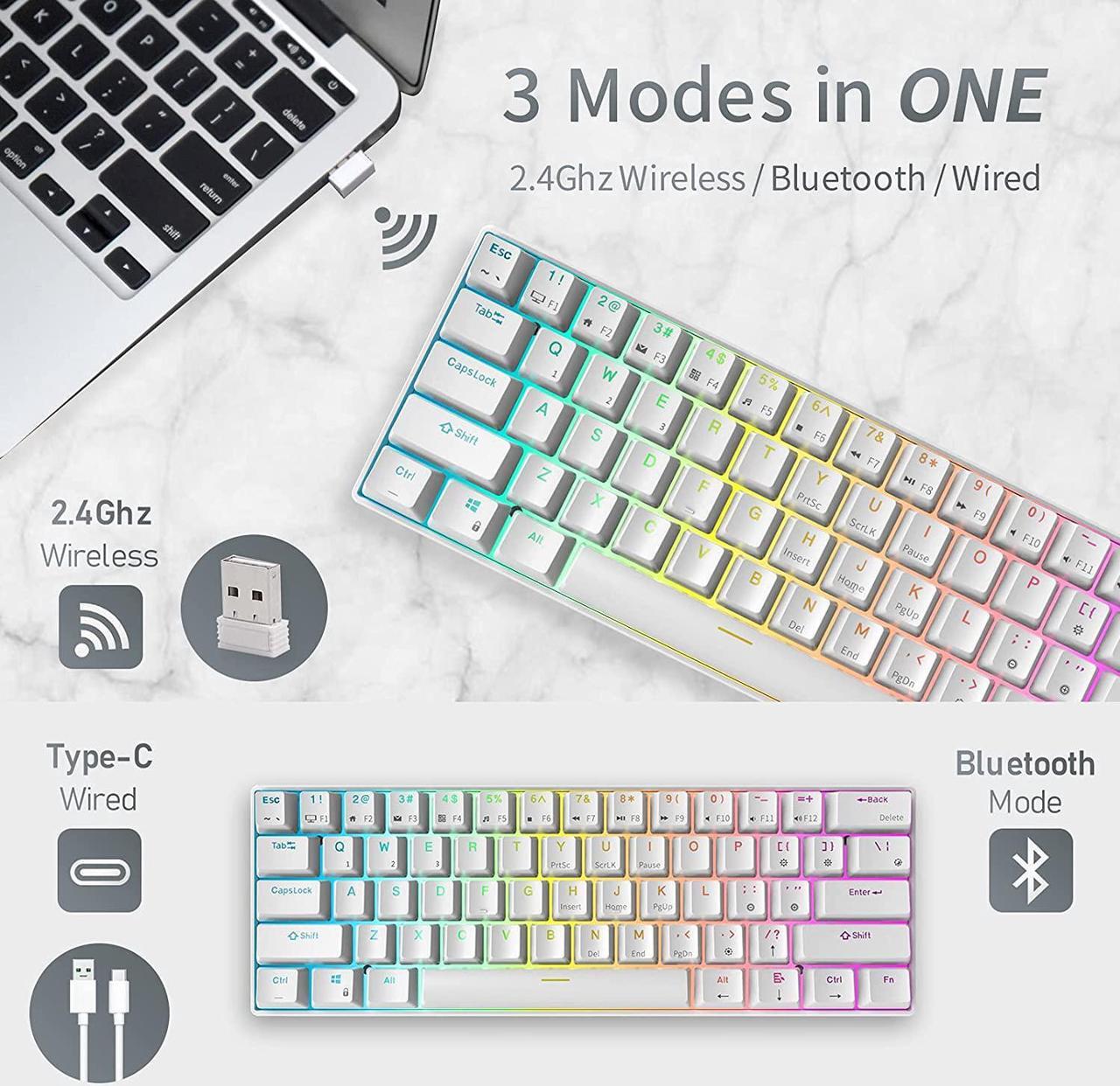 Alt view image 3 of 7 - Royal Kludge RK61 2.4Ghz Wireless / Bluetooth 5.1 / USB Wired 60% RGB Backlit Mechanical Gaming Keyboard - 61 Keys Ultra-Compact - White ABS Keycap - Blue Switch