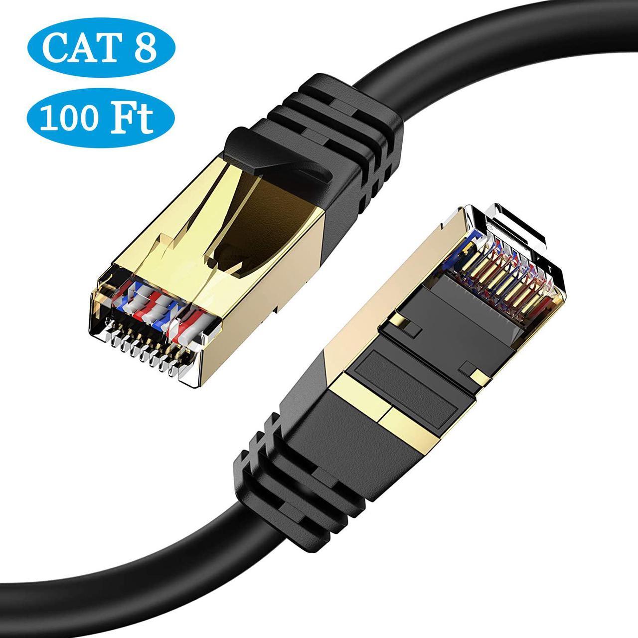 Cat8 Ethernet Cable, 100FT Heavy Duty High Speed 26AWG Cat8 LAN Network Cable 40Gbps, 2000Mhz with Gold Plated RJ45 Connector for Router, Modem, Gaming