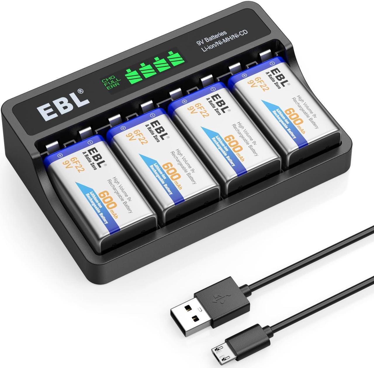 Main image of EBL 4 Pcs 9V Rechargeable Batteries + LCD Smart Battery Charger for 9 Volt Lithium-Ion/Ni-MH/Ni-CD Rechargeable Batteries