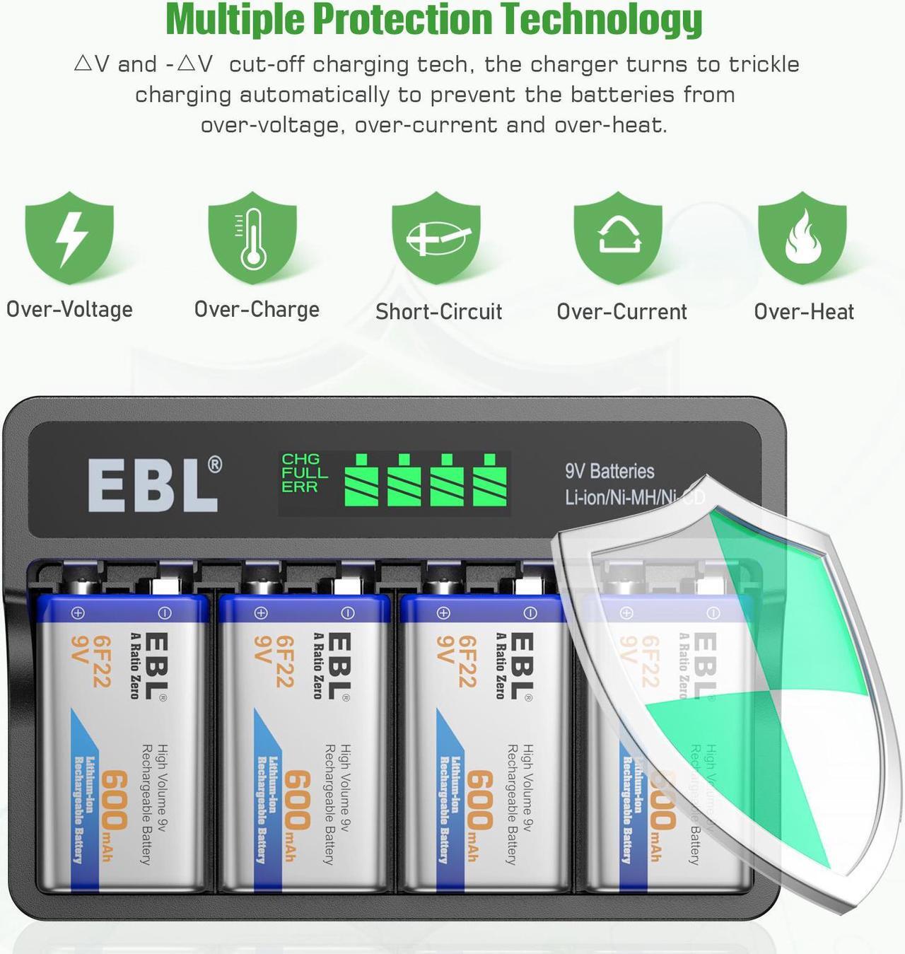 Alt view image 6 of 7 - EBL 4 Pcs 9V Rechargeable Batteries + LCD Smart Battery Charger for 9 Volt Lithium-Ion/Ni-MH/Ni-CD Rechargeable Batteries