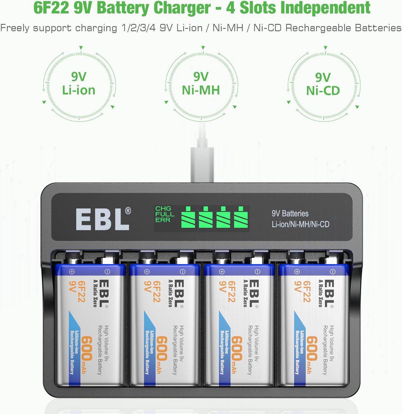 Alt view image 2 of 7 - EBL 4 Pcs 9V Rechargeable Batteries + LCD Smart Battery Charger for 9 Volt Lithium-Ion/Ni-MH/Ni-CD Rechargeable Batteries