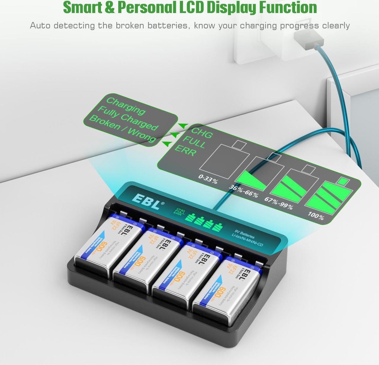Alt view image 4 of 7 - EBL 4 Pcs 9V Rechargeable Batteries + LCD Smart Battery Charger for 9 Volt Lithium-Ion/Ni-MH/Ni-CD Rechargeable Batteries