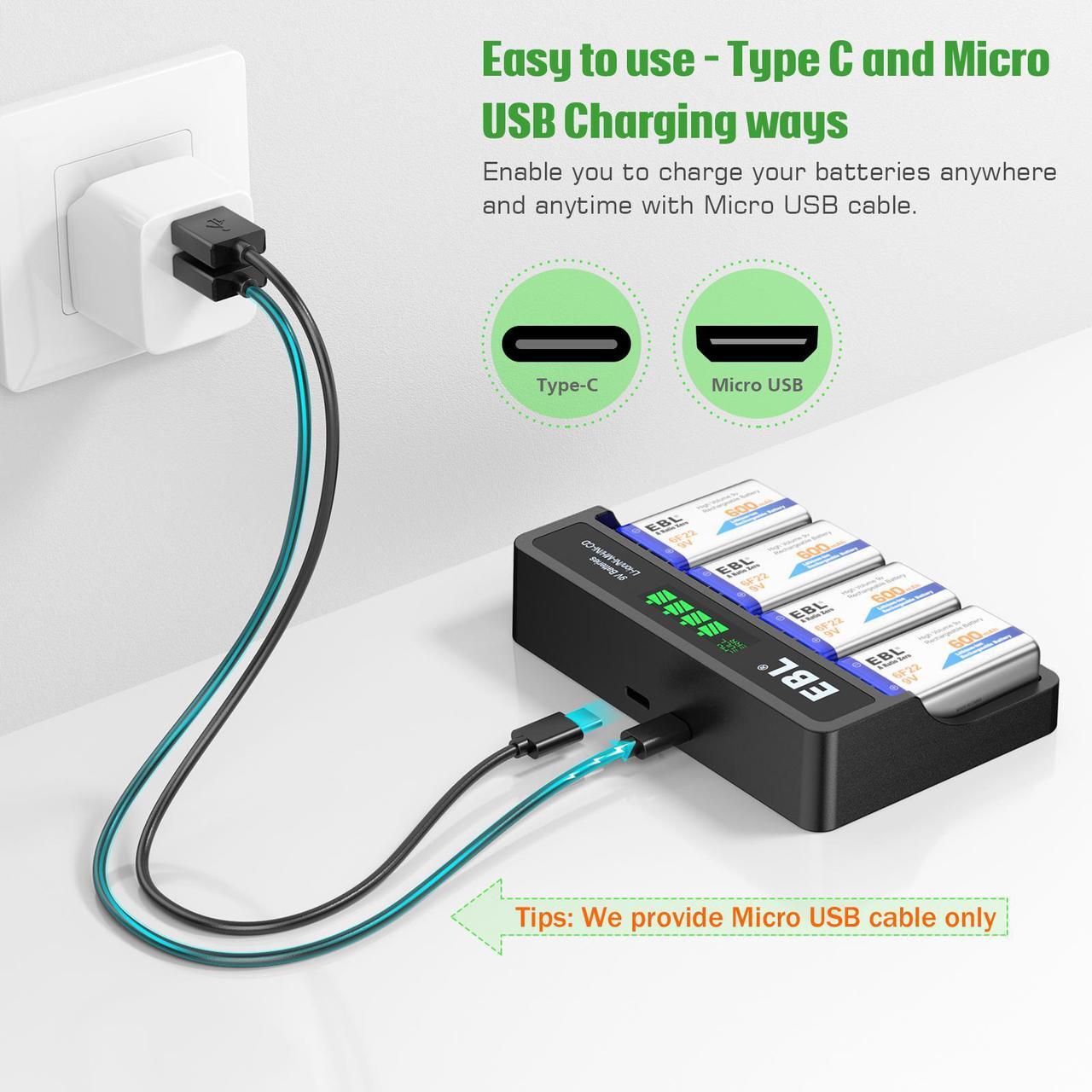 Alt view image 5 of 7 - EBL 4 Pcs 9V Rechargeable Batteries + LCD Smart Battery Charger for 9 Volt Lithium-Ion/Ni-MH/Ni-CD Rechargeable Batteries